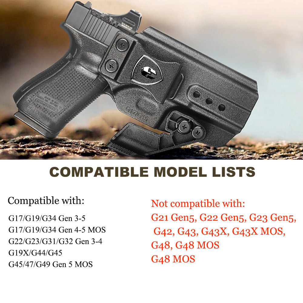 WARRIORLAND IWB & OWB Convertible Holster Optic Cut: Compatible with Glock 17/19/26/34 Gen3-5  G17/G19 Gen4 MOS  G17/G19/G26/G34 Gen5 MOS  19X  G23 Gen3-4  G32 Gen3-4  G44  G45  G45 MOS  Holster, with Claw,Adj Ride Height, Right Hand - WARRIORLAND