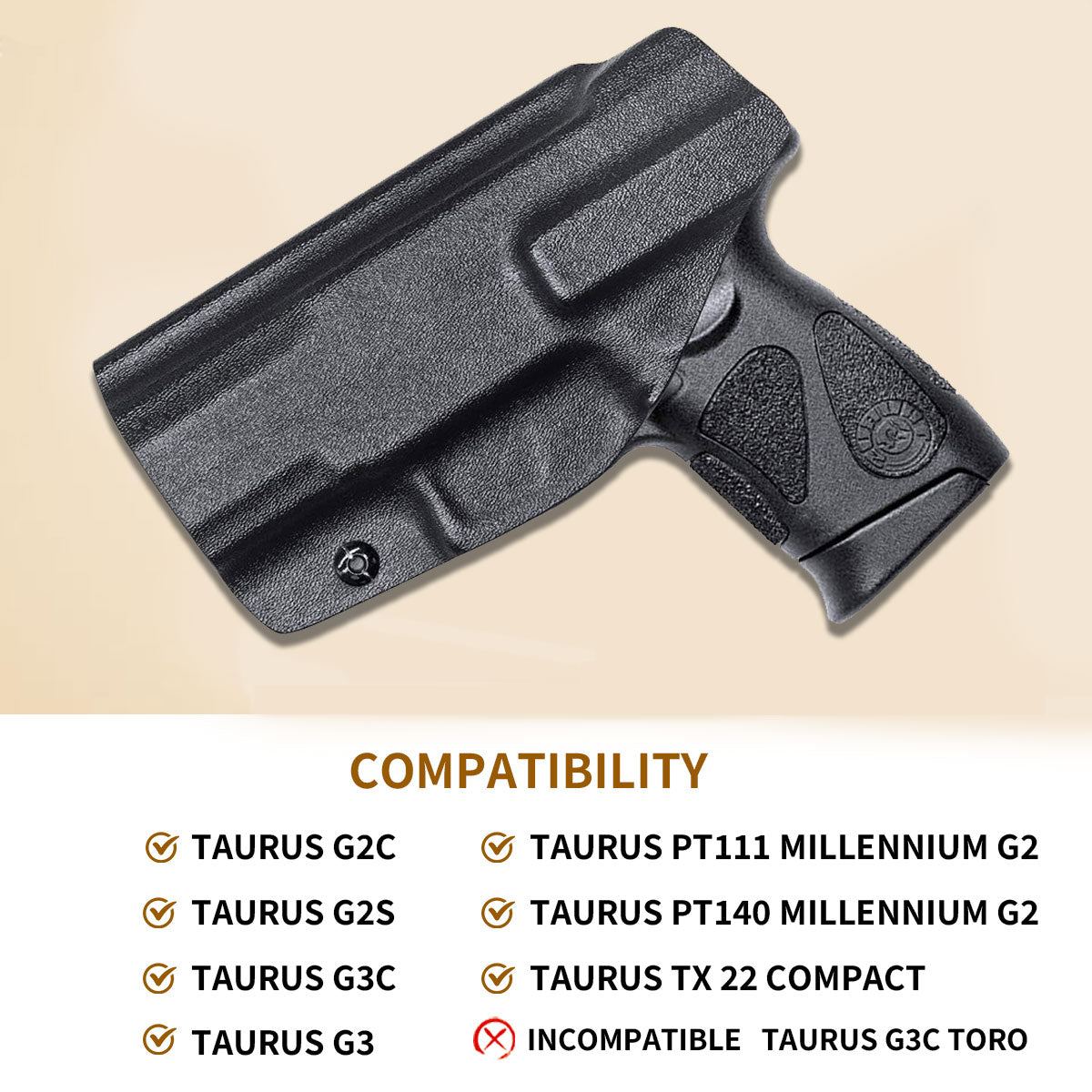Warriorland Kydex IWB Holster, Compatible with Taurus G2C Taurus G3C Taurus G3C TORO Taurus G3 Taurus PT111 Millennium G2 Taurus PT140 Millennium G2 Pistol, Adj. Cant & Retention, Right Hand - WARRIORLAND