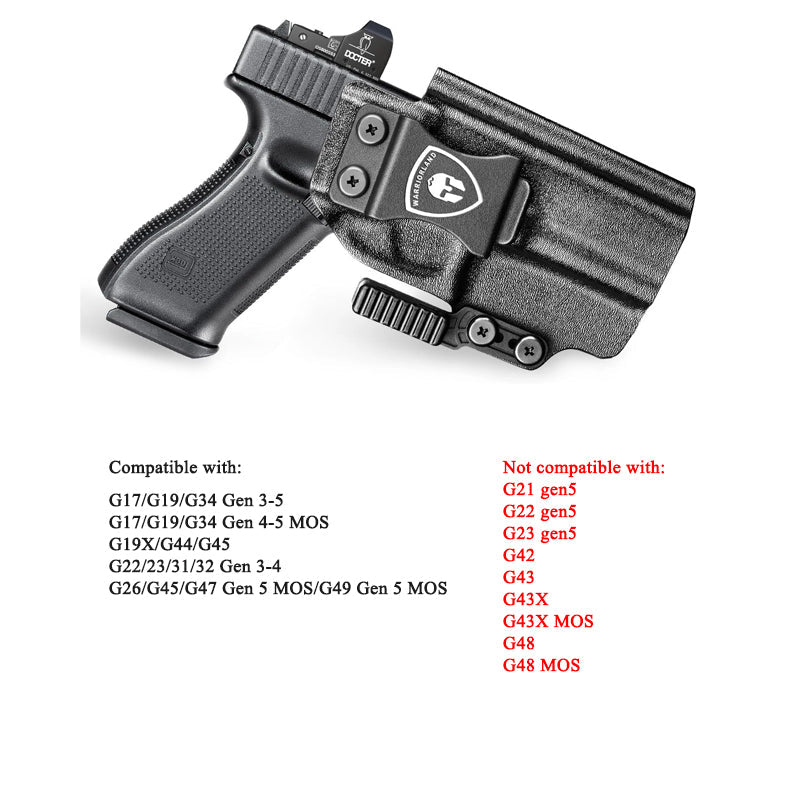 Glock 17 IWB Kydex Holster with Claw Attachment and Optic Cut: Glock 17/19/34 Gen3-5、Glock 17/19 Gen 4-5 MOS、Glock 23/22/31/32 Gen3-4,G19X /G44/45,G45 MOS Adj. Cant & Retention, Right Hand|WARRIORLAND - WARRIORLAND