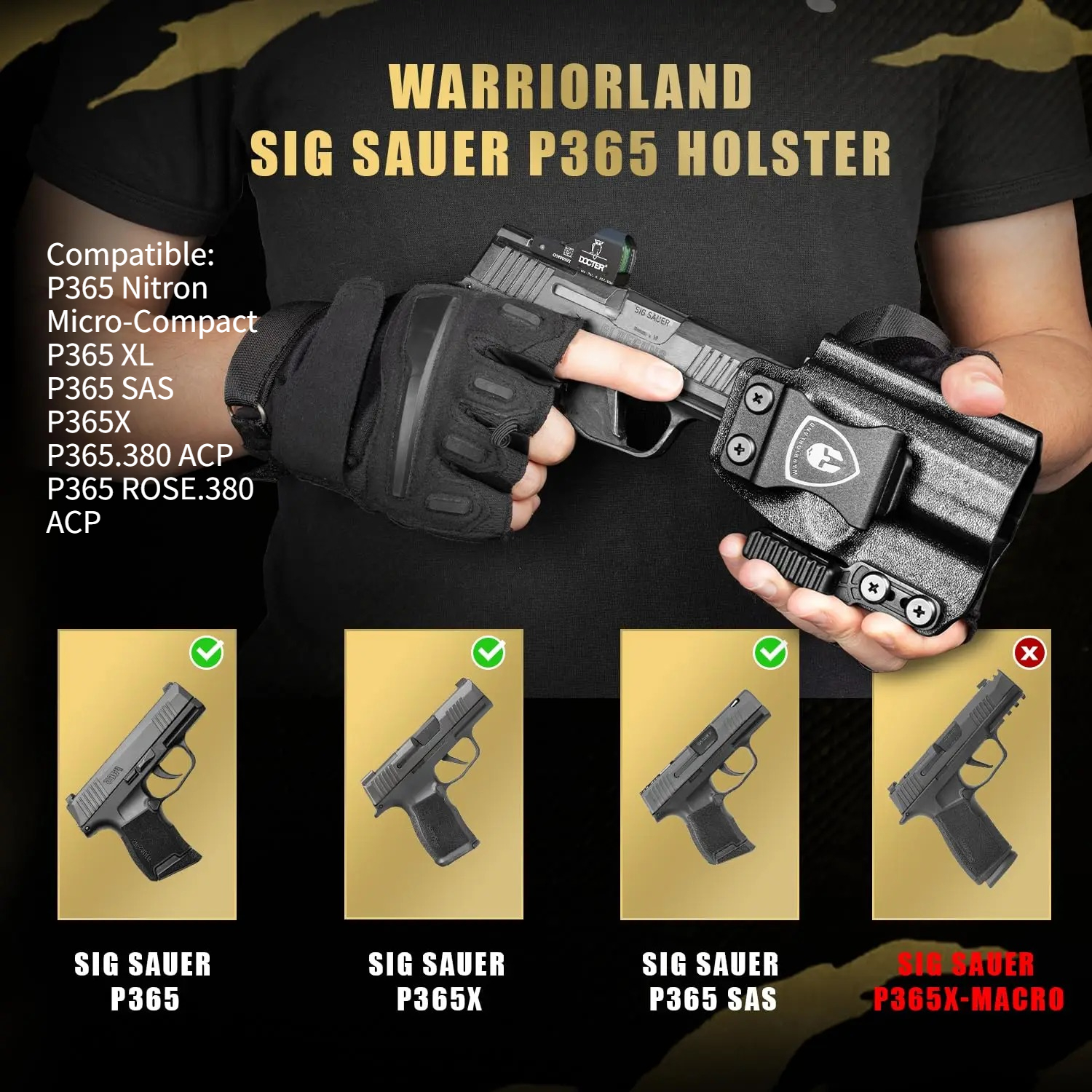 Sig P365 IWB Kydex Holster with Claw Attachment and Optic Cut: Sig Sauer P365 P365 XL P365 SAS P365X P365.380 ACP P365 ROSE.380 ACP, Inside Waistband Appendix Carry P365 Holster, Adj. Cant & Retention, Right Hand|WARRIORLAND - WARRIORLAND