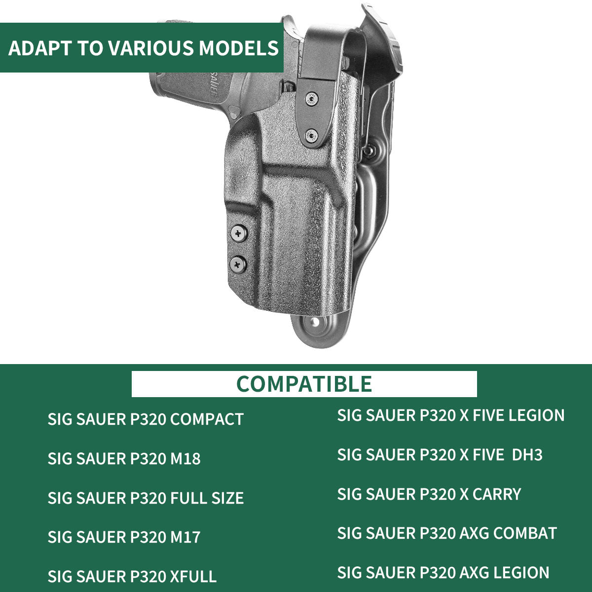 P320 Holster Level II Retention w/Hook Guard & Rotating Hood: Sig Sauer P320 Full Size/Compact/ P320 M17/P320 M18/P320 X Carry/P320 XFM/P320 AXG Combat/P320 X Five, Adj. Retention & Ride Height, Right|WARRIORLAND - WARRIORLAND