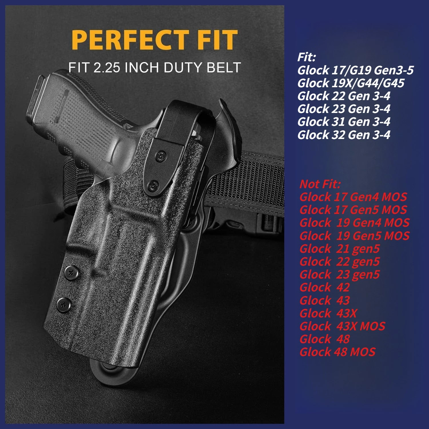 WARRIORLAND Level 2  Kydex Holster Compatible with Glock G17/G19/G34 Gen3-5  G17/G19 Gen4-5 MOS  G19X  G22/23/31/32 Gen3-4 G19X  G34 Gen5 MOS  G44  G45  G45 MOS, Adjustable Loop Fits Belt Width 1.5" - 2.0", Right Hand Thumb Release Holster - WARRIORLAND