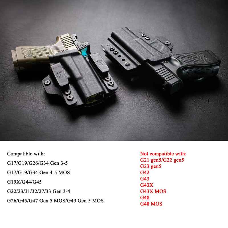 IWB & OWB Convertible Holster, Fit Glock 17/19/26/34 Gen 3-5 & Glock 23/32 Gen 3-4,G17/G19 Gen4-5 MOS ,G19/G26/G34 Gen5 MOS G19X  G19 Gen4 MOS  G44  G45  G45 MOS  Optic Ready, Adj Ride Height,Right Hand | Warriorland