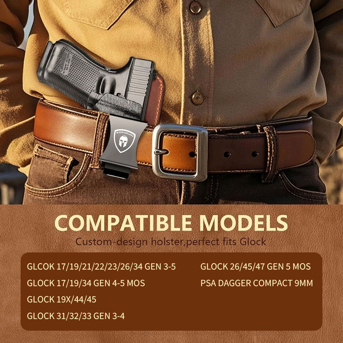 WARRIORLAND IWB Hybrid Holster Compatible with Glock 17/ 19 Gen 3-5 & 23/ 32 Gen 3-4 & G19X 44 45 & their MOS version, Concealed Carry Polymer & Leather Holster with Claw/Optics Cut Ready, Right Hand（Brown） - WARRIORLAND