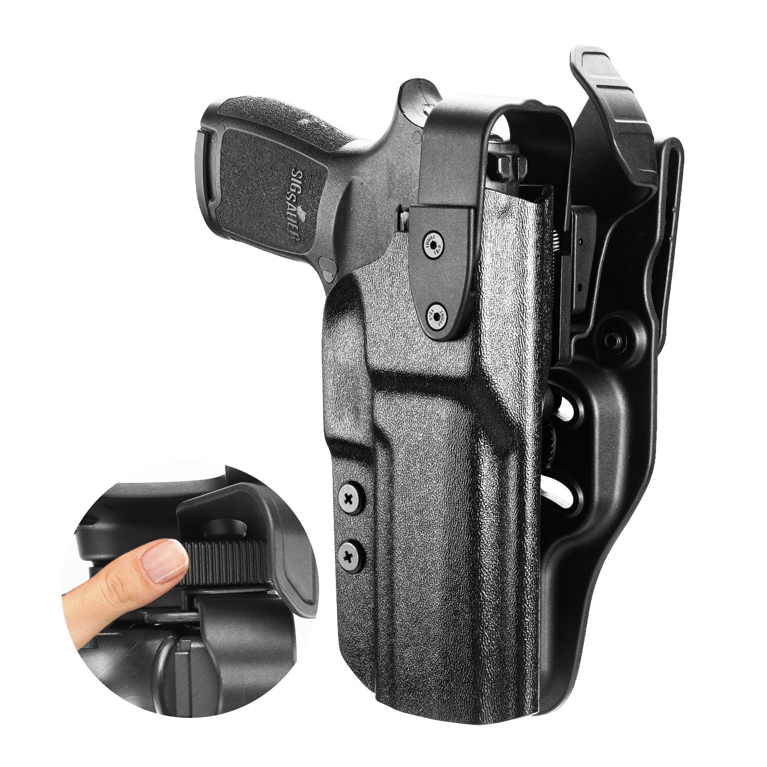 P320  Holster Level II Retention w/Hook Guard & Rotating Hood: Sig Sauer P320 Full Size/Compact/ P320 M17/P320 M18/P320 X Carry/P320 XFM/P320 AXG Combat/P320 X Five, Outside Waistband Holster Sig P320, Adj. Retention & Ride Height, Right|WARRIORLAND - WARRIORLAND