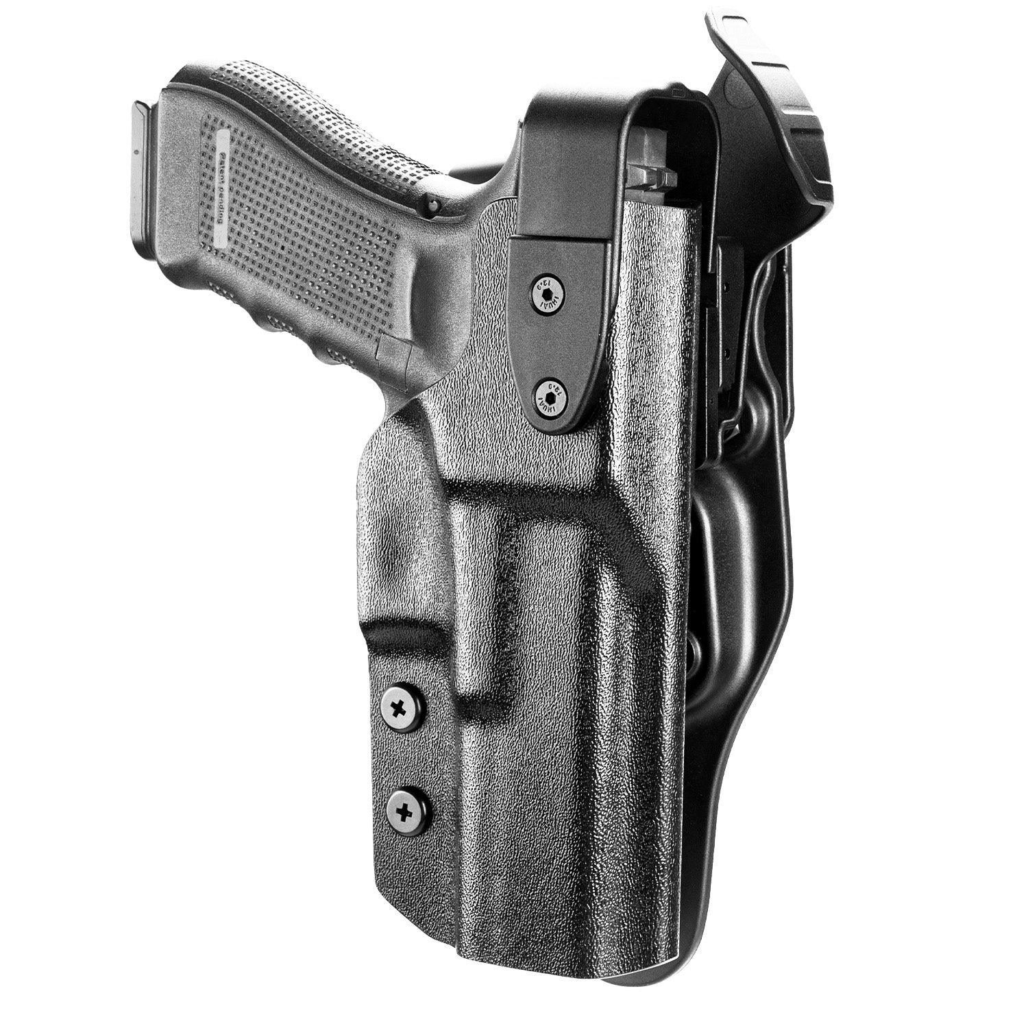 Glock 17 Holster Level II Retention w/Hook Guard & Rotating Hood: Glock G17/G19/G34 Gen3-5  G19X G23/G22/G31/G32 Gen3-4 G44  G45, 2.25 Inch Outside Waistband Holster G17, Adj. Retention & Ride Height, Right|WARRIORLAND - WARRIORLAND