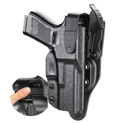 Glock 19  Holster Level II Retention w/Hook Guard & Rotating Hood: Glock 17 Gen3-5 G19 Gen3-5  G19X  G23 Gen3-4  G26 Gen3-5   G32 Gen3-4  G34 Gen3-5   G44  G45, 2.25 , Adj. Retention & Ride Height, Right Hand|WARRIORLAND - WARRIORLAND