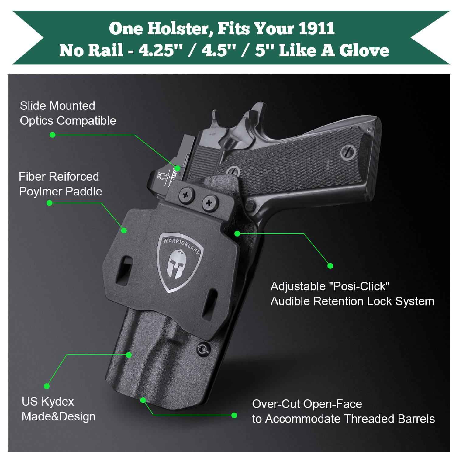 Open Carry OWB Kydex Paddle Holster for 1911  .45 ACP Pistol No Rail with Red Dot Paddle Appendix Fully Trigger Guard | WARRIORLAND