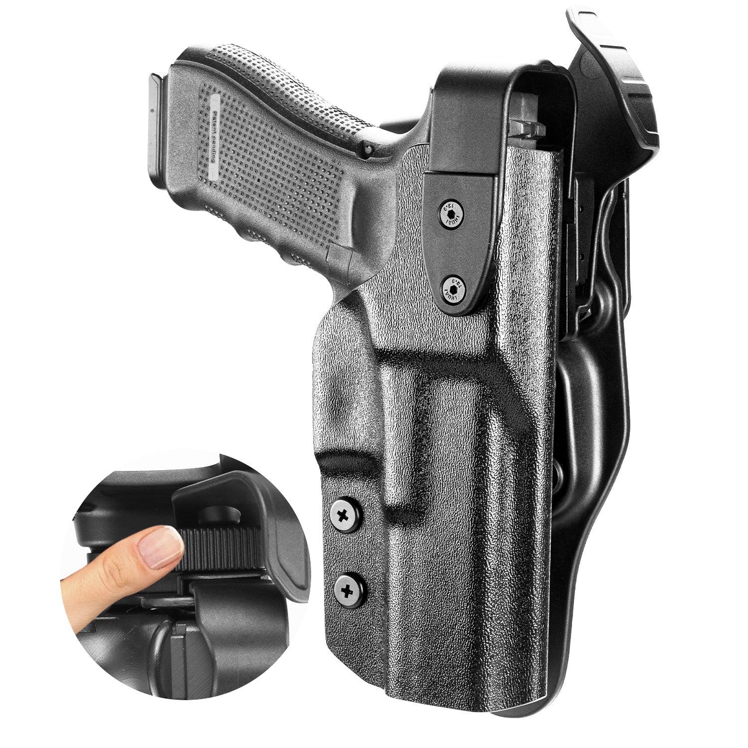 Glock 17 Holster Level II Retention w/Hook Guard & Rotating Hood: Glock G17/G19/G34 Gen3-5  G19X G23/G22/G31/G32 Gen3-4 G44  G45, 2.25 Inch Outside Waistband Holster G17, Adj. Retention & Ride Height, Right|WARRIORLAND - WARRIORLAND