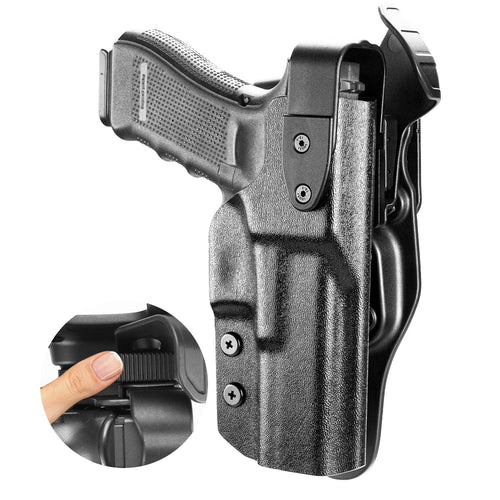 Glock 17 Holster Level II Retention w/Hook Guard & Rotating Hood: Glock G17/G19/G34 Gen3-5  G19X G23/G22/G31/G32 Gen3-4 G44  G45, 2.25 Inch Outside Waistband Holster G17, Adj. Retention & Ride Height, Right|WARRIORLAND - WARRIORLAND