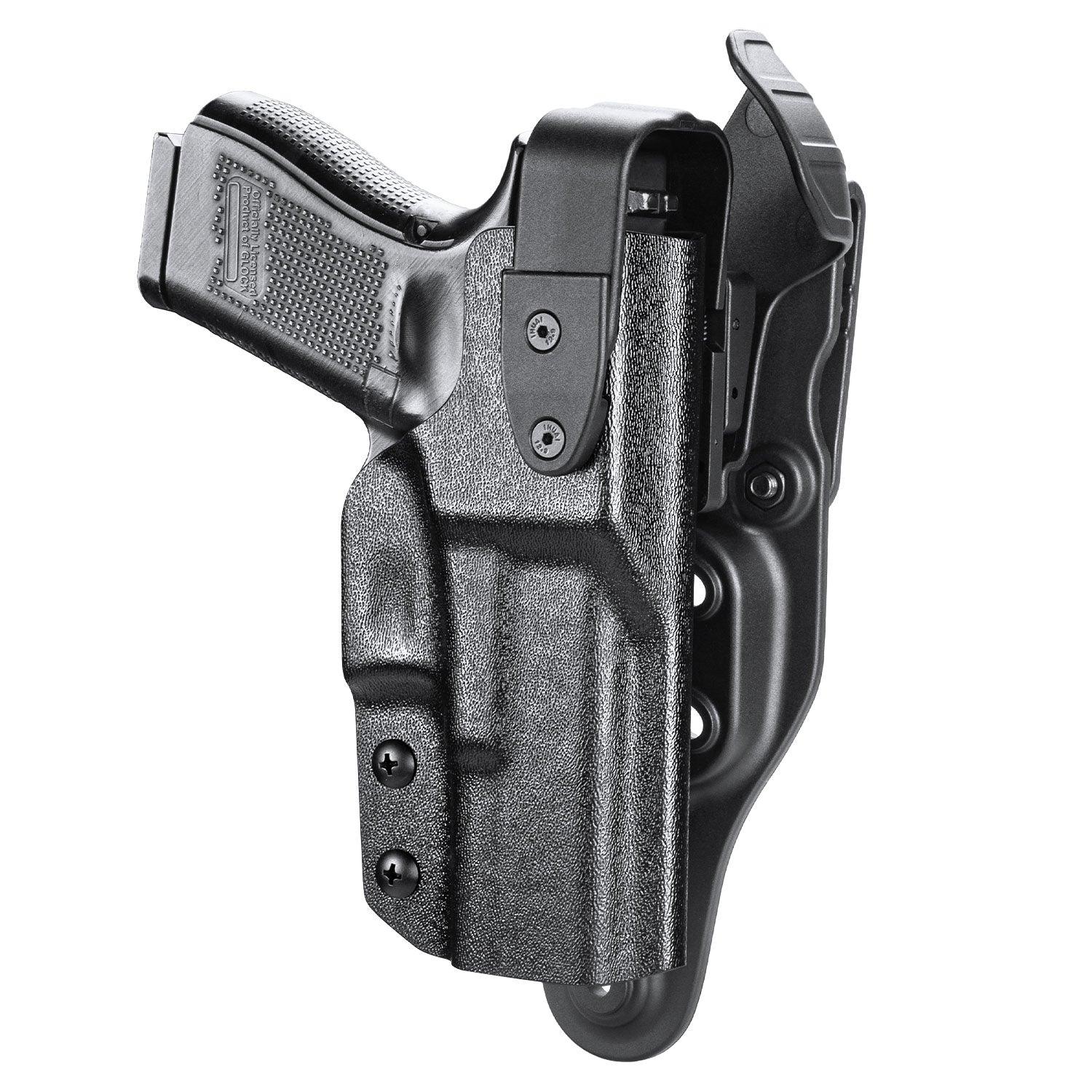 Glock 19  Holster Level II Retention w/Hook Guard & Rotating Hood: Glock 17 Gen3-5 G19 Gen3-5  G19X  G23 Gen3-4  G26 Gen3-5   G32 Gen3-4  G34 Gen3-5   G44  G45, 2.25 , Adj. Retention & Ride Height, Right Hand|WARRIORLAND - WARRIORLAND