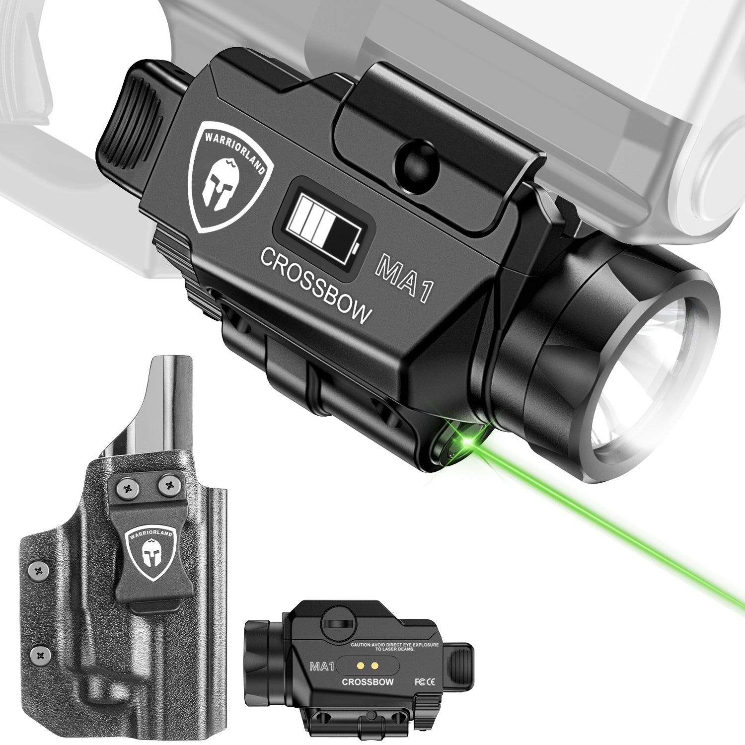 Universal Light Laser Combo with Glock 21 / G20/G22/G23 Gen 3 4 5 & G34 Gen 4 Holster, Tactical Green Laser Light USB Rechargeable, Screen Displays Battery Status, Crossbow MA1 w/ G21 Holster|WARRIORLAND - WARRIORLAND