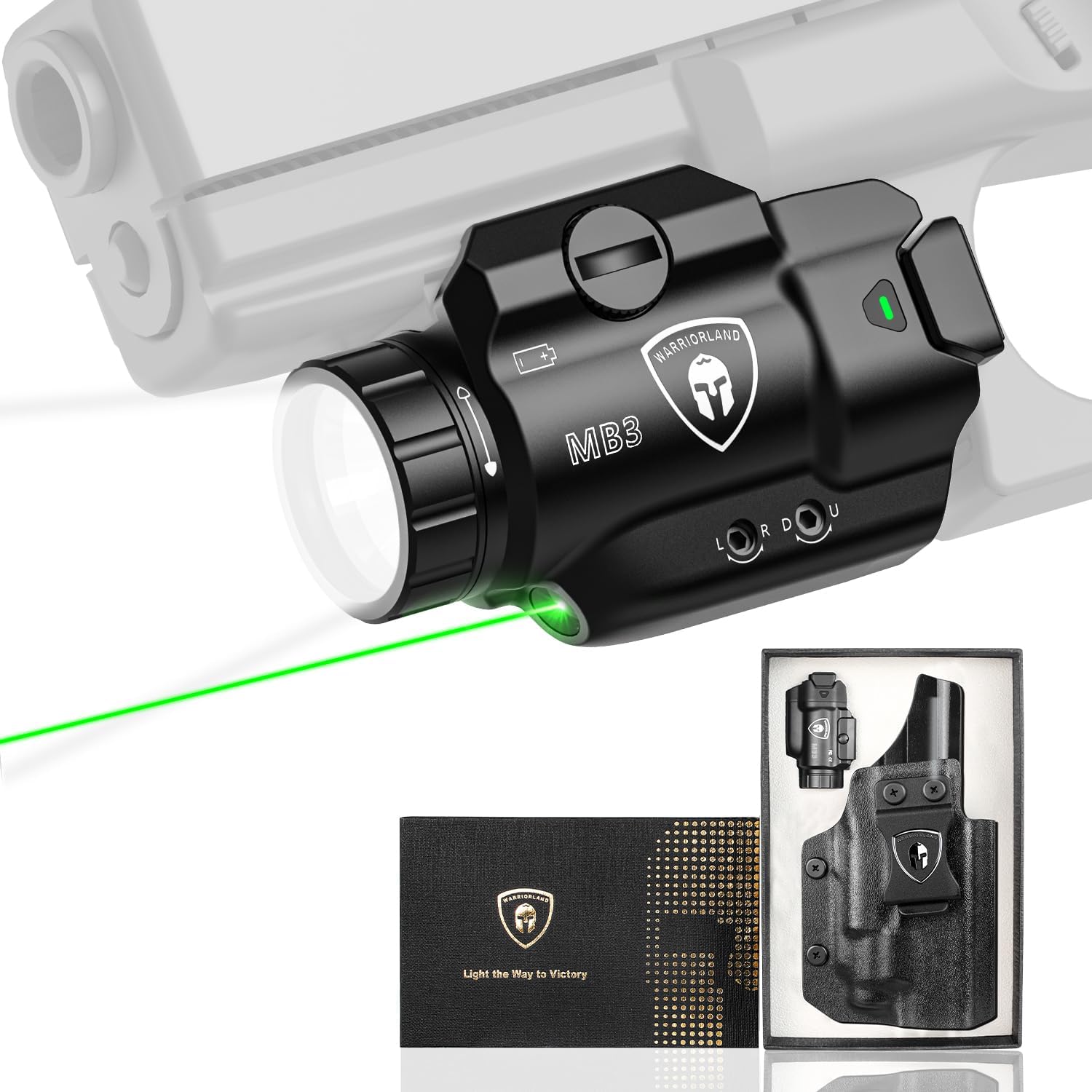 WARRIORLAND MB3 Pistol Light and Custom Kydex Holster, Fit for S&W SD9 VE / SD40 VE, Compact 500 Lumens Universal Rail Mounted Tactical Weapon Light with Green Laser & White LED, Power Indicator - WARRIORLAND