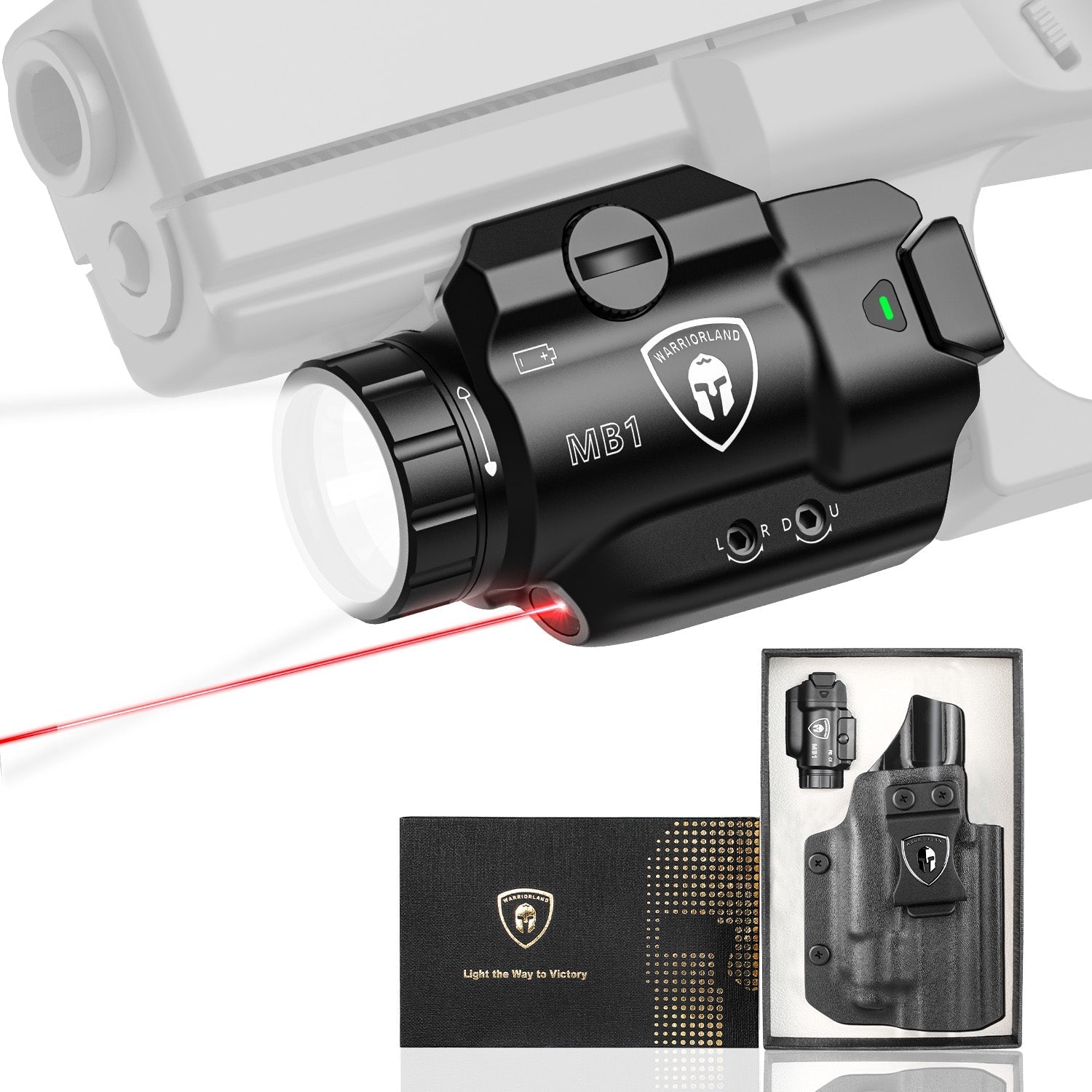 WARRIORLAND MB1 Pistol Light and Custom Kydex Holster, Fit for Sig Sauer P320 Compact M18, Compact 500 Lumens Universal Rail Mounted Tactical Weapon Light with Red Laser & White LED, Power Indicator - WARRIORLAND