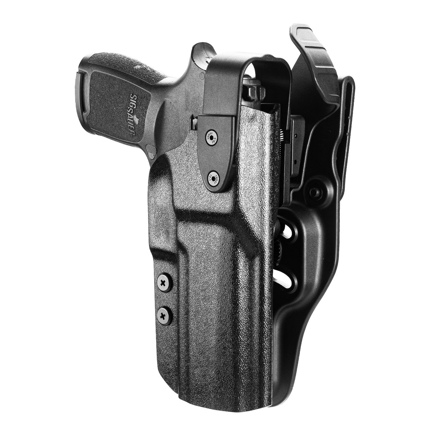 P320  Holster Level II Retention w/Hook Guard & Rotating Hood: Sig Sauer P320 Full Size/Compact/ P320 M17/P320 M18/P320 X Carry/P320 XFM/P320 AXG Combat/P320 X Five, Outside Waistband Holster Sig P320, Adj. Retention & Ride Height, Right|WARRIORLAND - WARRIORLAND