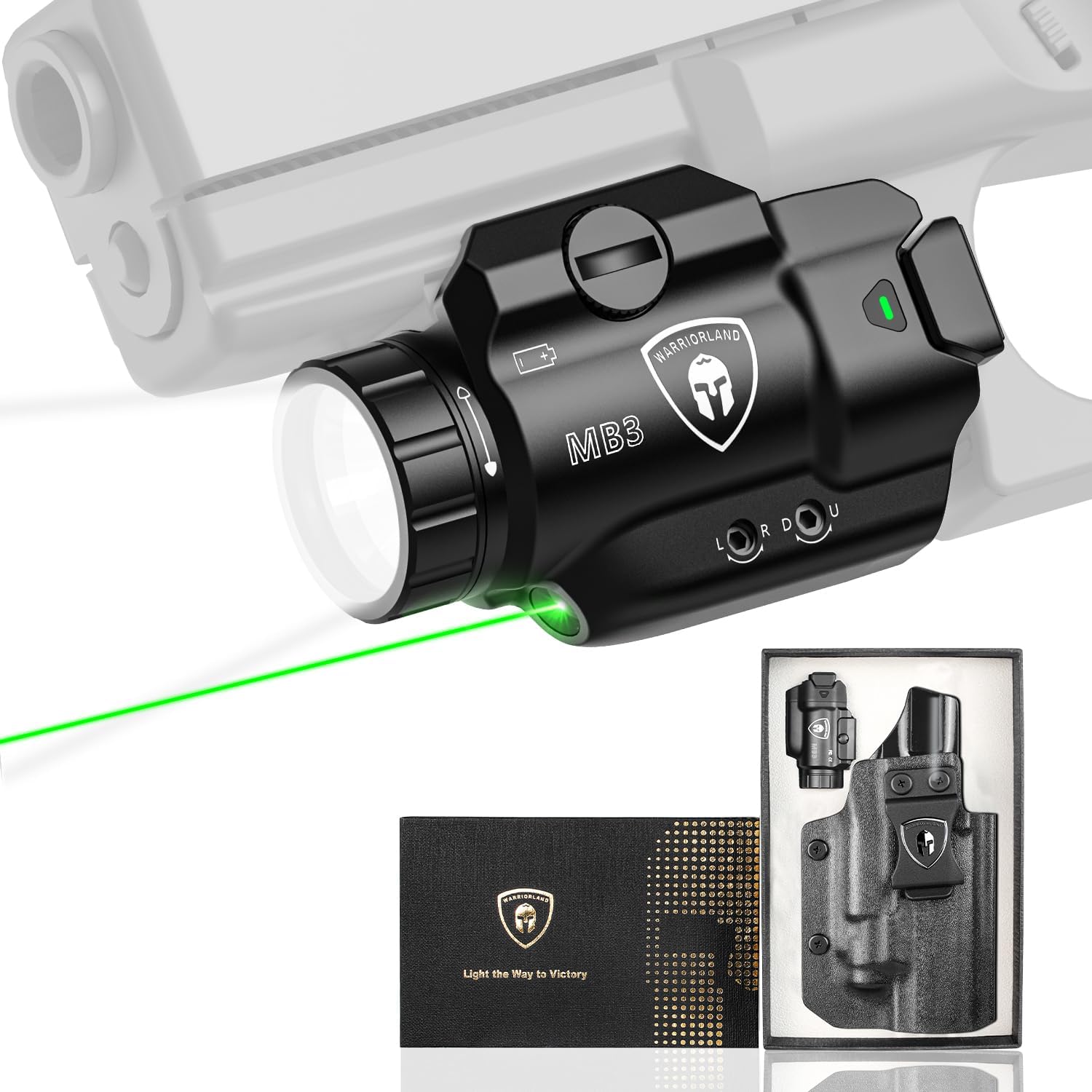 WARRIORLAND MB3 Pistol Light and Custom Kydex Holster, Fit for Sig P320 Full Size & P320-M17, Compact 500 Lumens Universal Rail Mounted Tactical Light with Green Laser & White LED, Power Indicator - WARRIORLAND