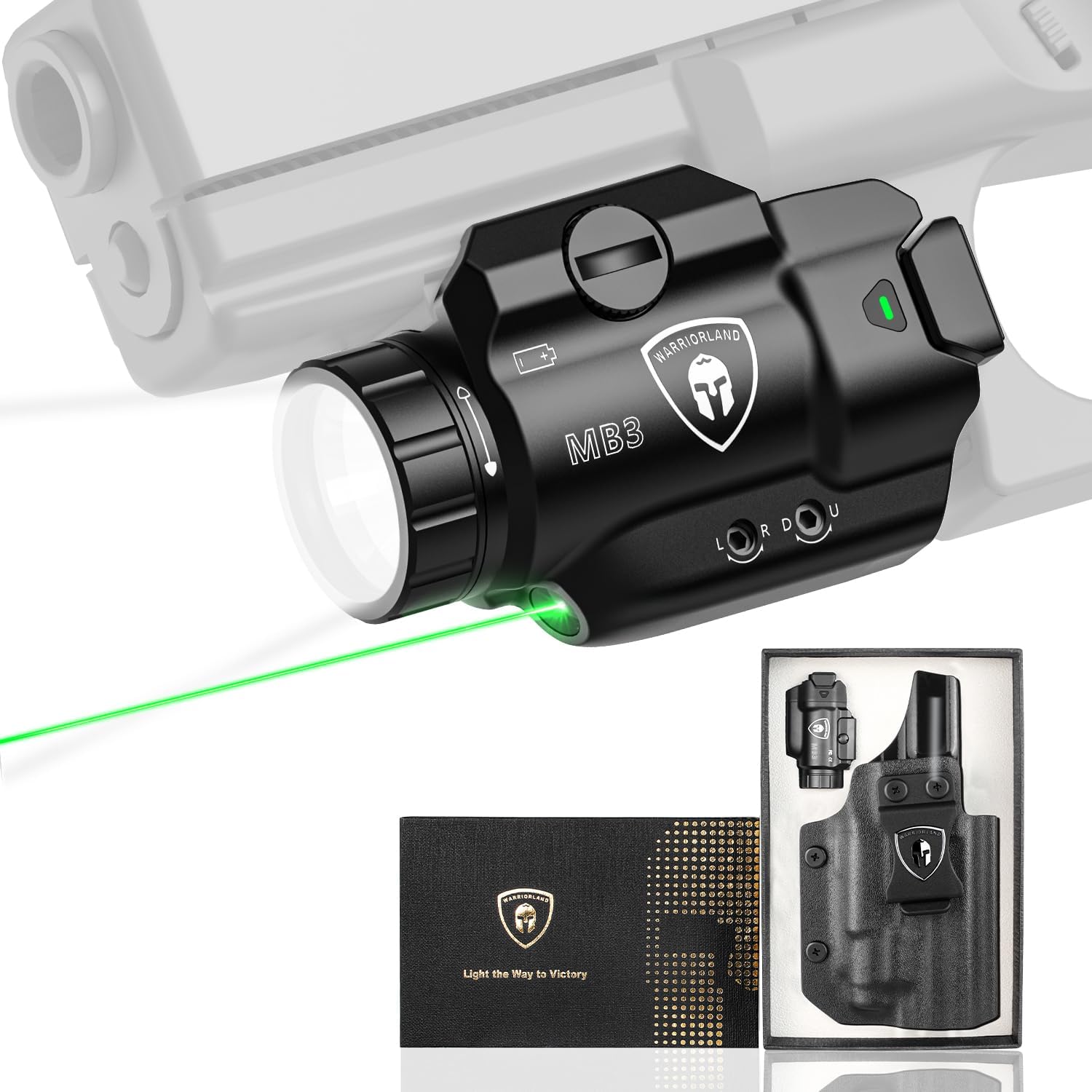 WARRIORLAND MB3 Pistol Light and Kydex Holster, Fit for S&W M&P 9 M2.0/M1.0 Compact 4.0'', Compact 500 Lumens Universal Rail Mounted Tactical Weapon Light with Green Laser & White LED, Power Indicator - WARRIORLAND