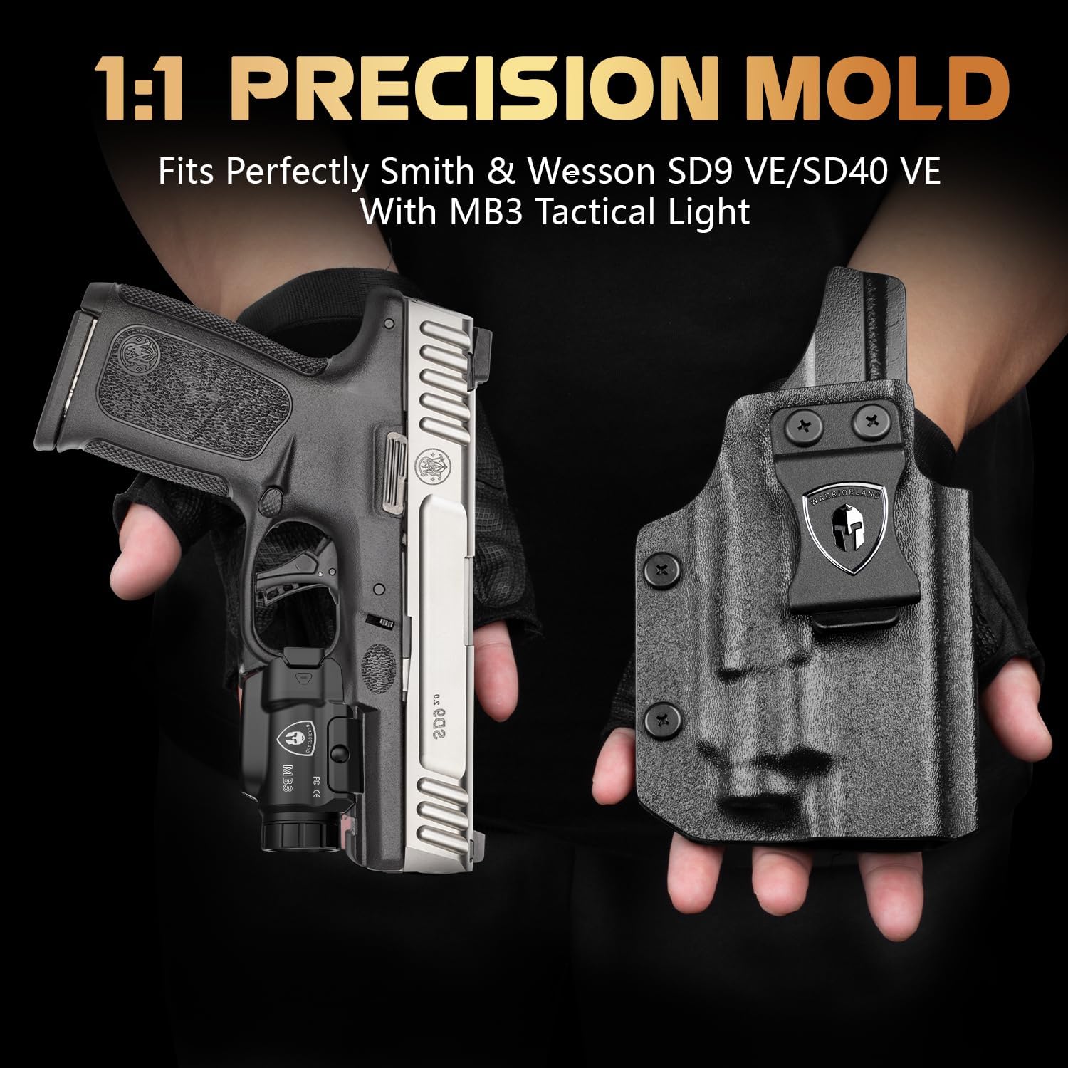 WARRIORLAND MB3 Pistol Light and Custom Kydex Holster, Fit for S&W SD9 VE / SD40 VE, Compact 500 Lumens Universal Rail Mounted Tactical Weapon Light with Green Laser & White LED, Power Indicator - WARRIORLAND