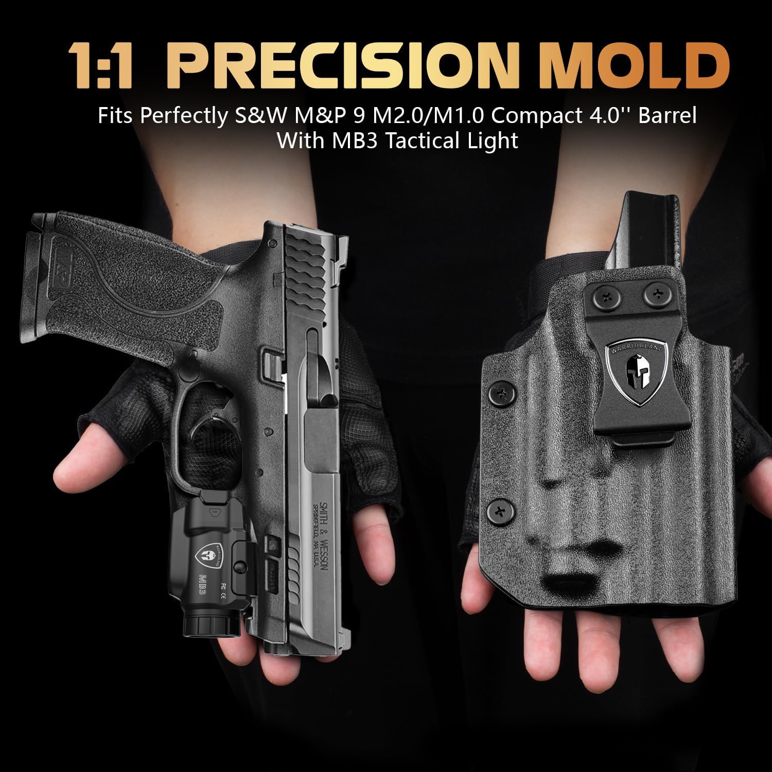 WARRIORLAND MB3 Pistol Light and Kydex Holster, Fit for S&W M&P 9 M2.0/M1.0 Compact 4.0'', Compact 500 Lumens Universal Rail Mounted Tactical Weapon Light with Green Laser & White LED, Power Indicator - WARRIORLAND