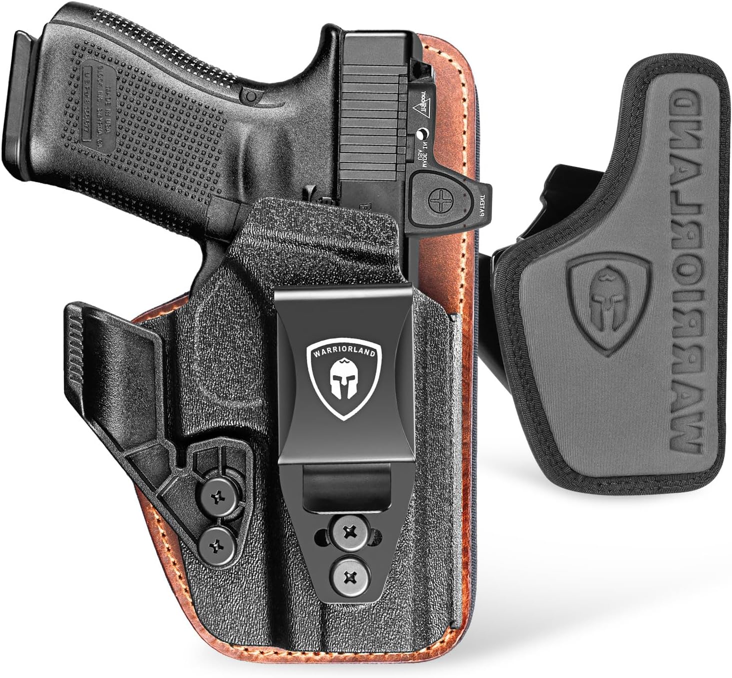 WARRIORLAND IWB Hybrid Holster Compatible with Glock 17/ 19 Gen 3-5 & 23/ 32 Gen 3-4 & G19X 44 45 & their MOS version, Concealed Carry Polymer & Leather Holster with Claw/Optics Cut Ready, Right Hand（Brown） - WARRIORLAND