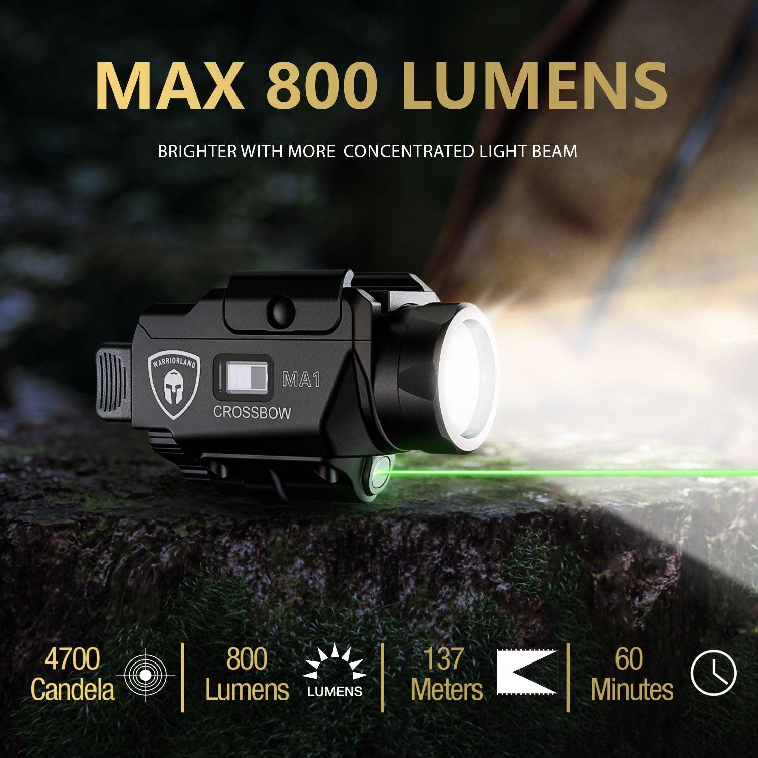 Crossbow MA1 800 Lumens Rail Mounted Universal Weaponlight for Pistol, Green Laser & White LED Combo Tactical Light, Magnetic USB Rechargeable Flashlight-Screen Displays Battery Status|WARRIORLAND - WARRIORLAND