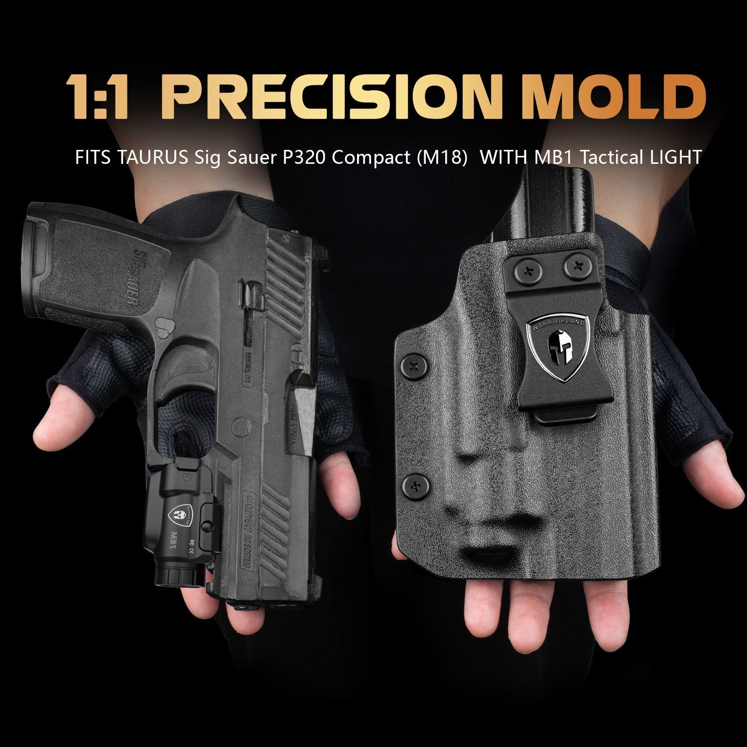 WARRIORLAND MB1 Pistol Light and Custom Kydex Holster, Fit for Sig Sauer P320 Compact M18, Compact 500 Lumens Universal Rail Mounted Tactical Weapon Light with Red Laser & White LED, Power Indicator - WARRIORLAND
