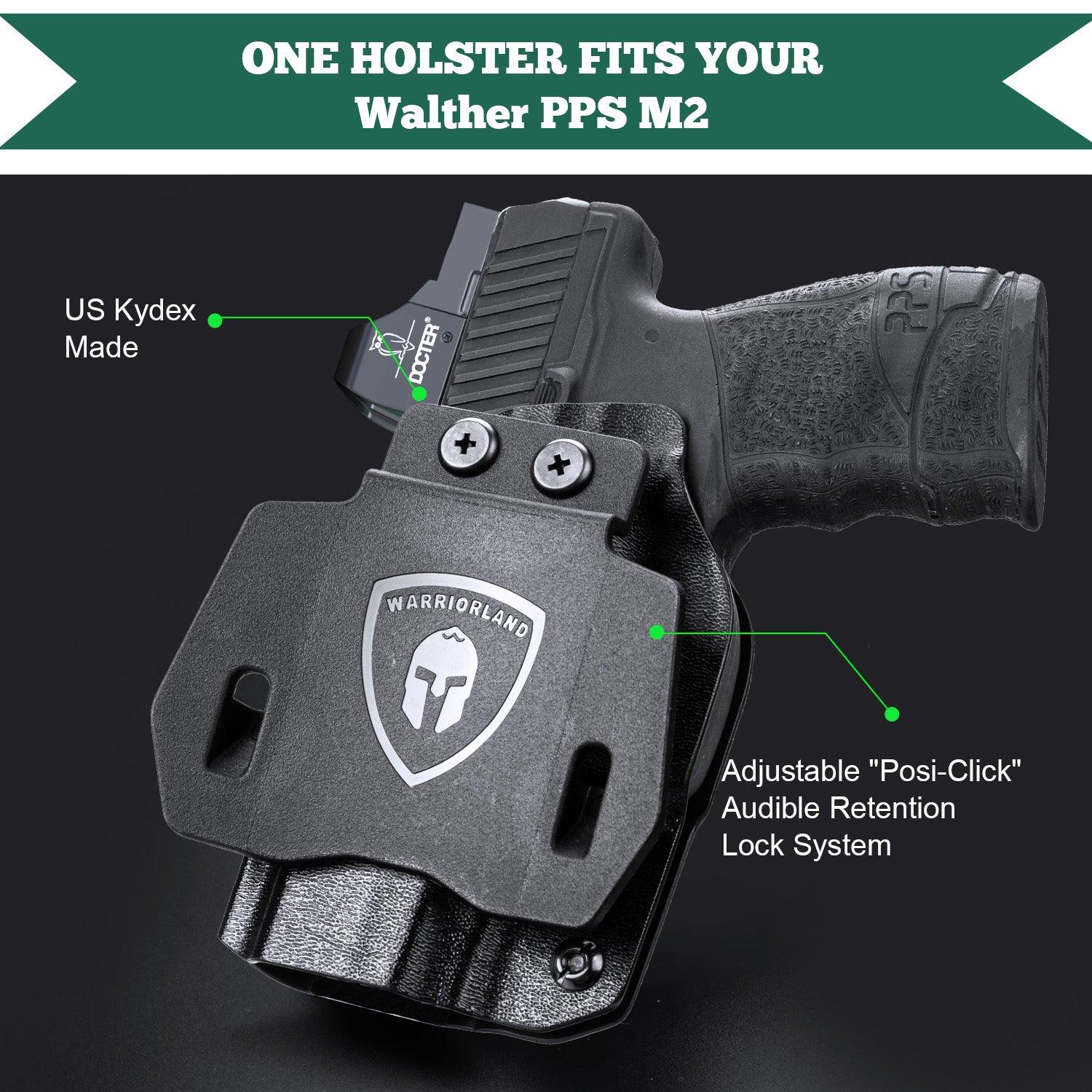 Walther PPS M2 OWB Holster Kydex Made Optics Cut: Walther PPS M2 Pistol, Outside Waistband Open Carry PPS M2 Holster with 1.75 Inch Paddle, Adj. Retention & Cant, Right Hand|WARRIORLAND - WARRIORLAND