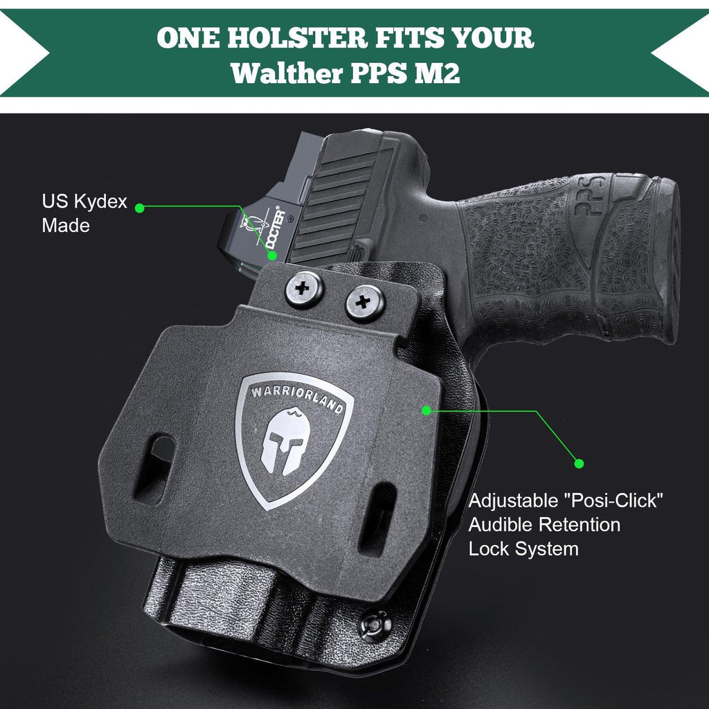 Walther PPS M2 OWB Holster Kydex Made Optics Cut: Walther PPS M2 Pistol, Outside Waistband Open Carry PPS M2 Holster with 1.75 Inch Paddle, Adj. Retention & Cant, Right Hand|WARRIORLAND - WARRIORLAND