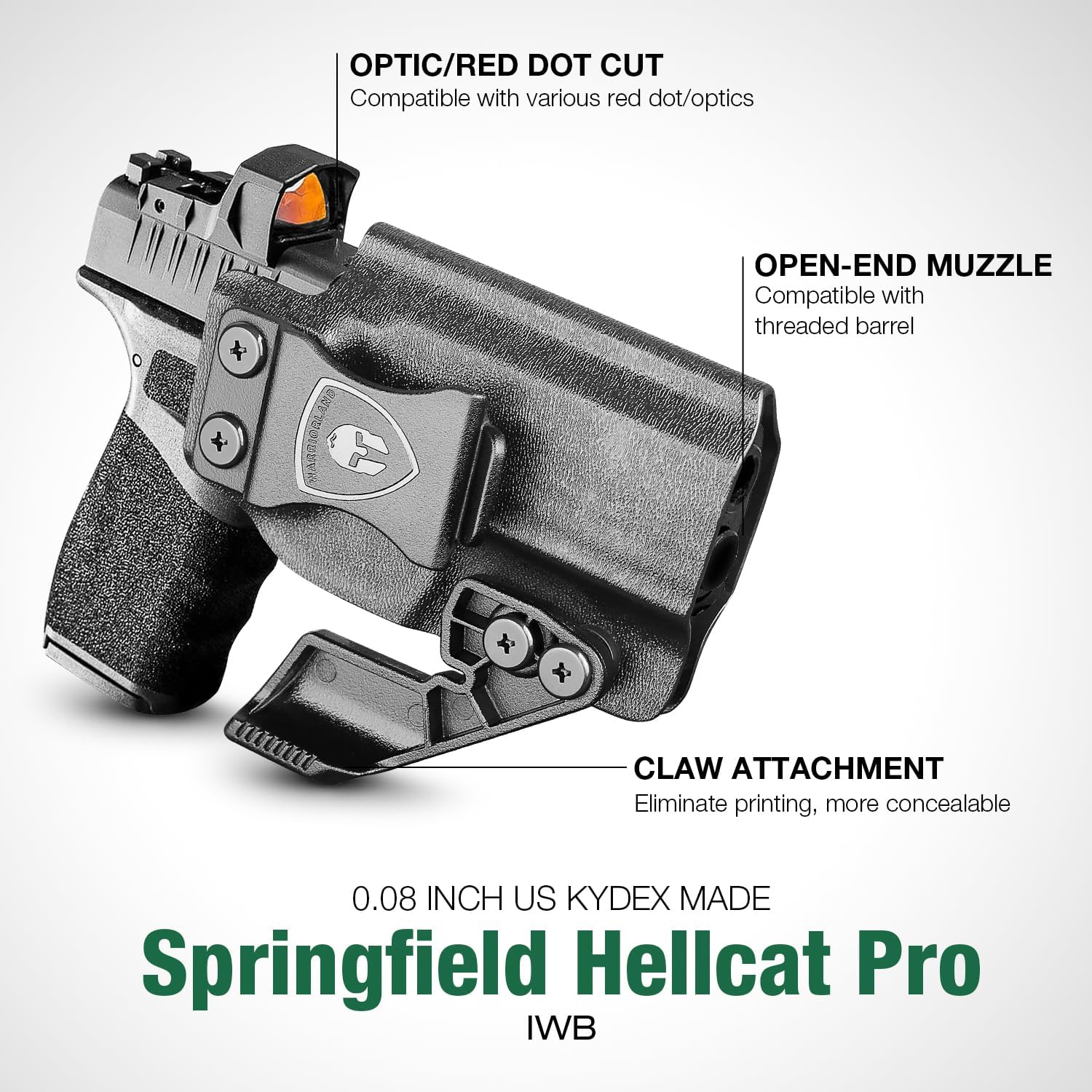 WARRIORLAND IWB Kydex Holster Optic Cut & Claw Compatible with Springfield Hellcat Pro, Inside Waistband Conceal Carry, Adj. Cant and Retention, Right Hand - WARRIORLAND