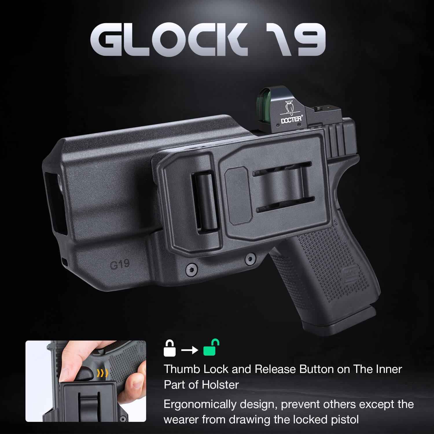 Level II Retention Thumb Release OWB Holster Glock 19/23/32/44 (Gen3-5), G19X/45 Polymer Holster with Red Dot Optics Cut