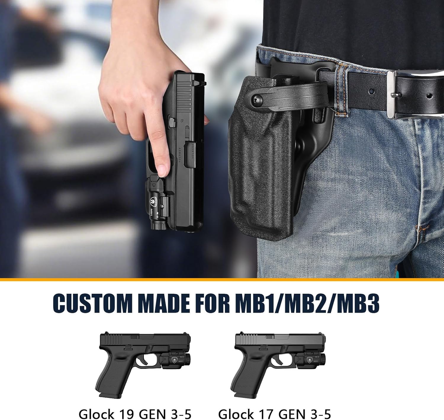 WARRIORLAND OWB Kydex Holster light bearing holster for Glock 17/19 Gen 3-5 - Thumb Release - Level II Retention - MB1/MB2/MB3 Compatible - Right Hand - WARRIORLAND