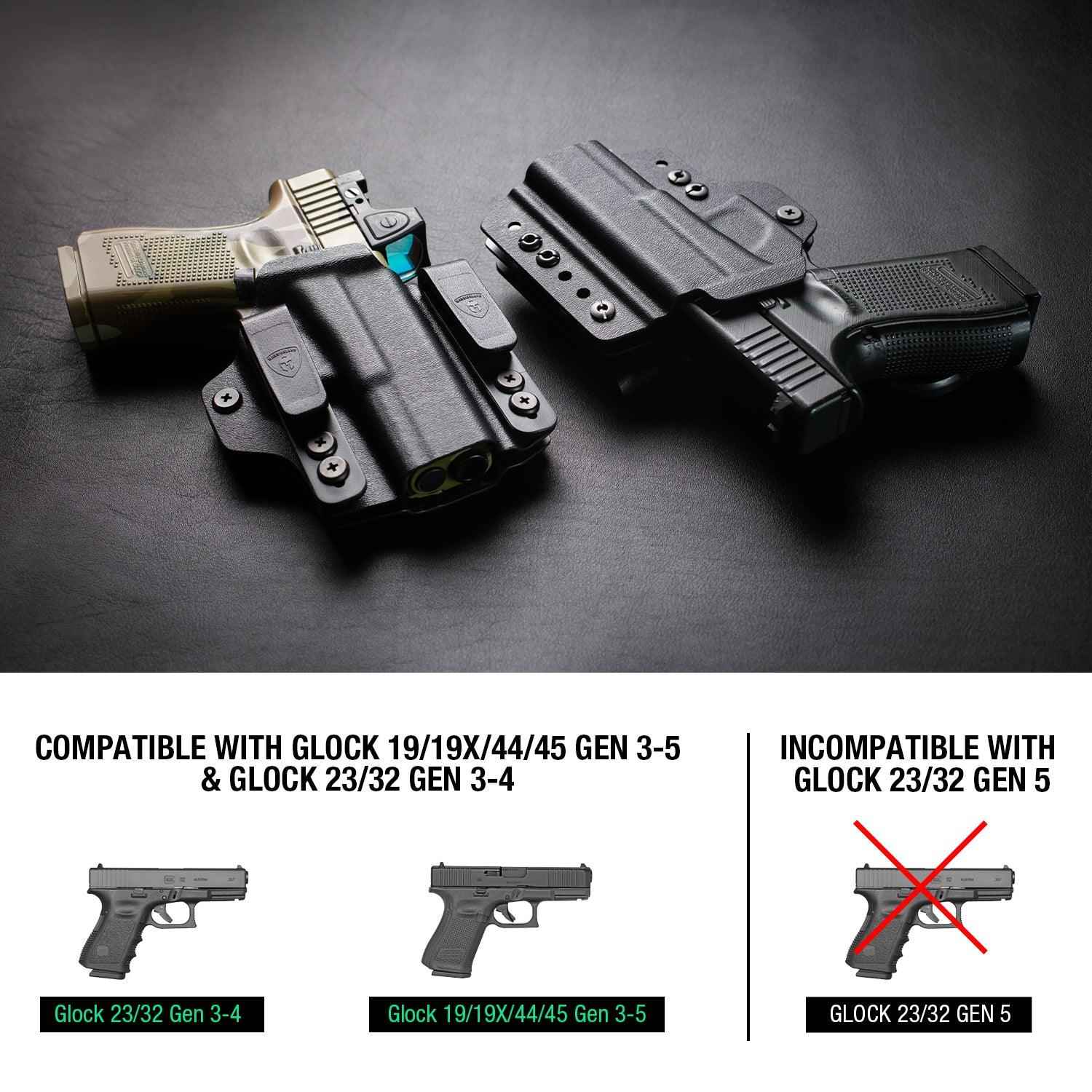 IWB & OWB Convertible Holster, Fit Glock 17/19/26/34 Gen 3-5 & Glock 23/32 Gen 3-4,G17/G19 Gen4-5 MOS ,G19/G26/G34 Gen5 MOS G19X  G19 Gen4 MOS  G44  G45  G45 MOS  Optic Ready, Adj Ride Height,Right Hand | Warriorland