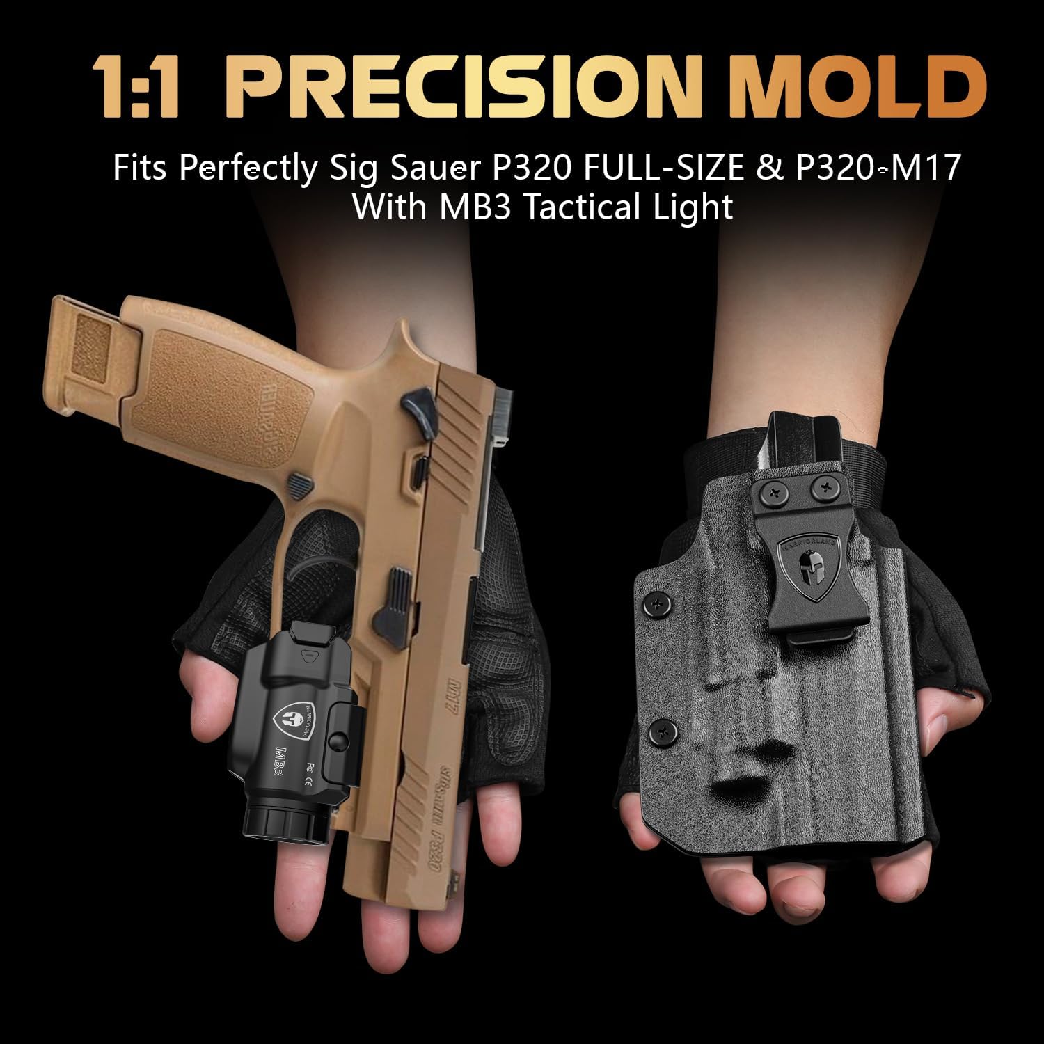WARRIORLAND MB3 Pistol Light and Custom Kydex Holster, Fit for Sig P320 Full Size & P320-M17, Compact 500 Lumens Universal Rail Mounted Tactical Light with Green Laser & White LED, Power Indicator - WARRIORLAND