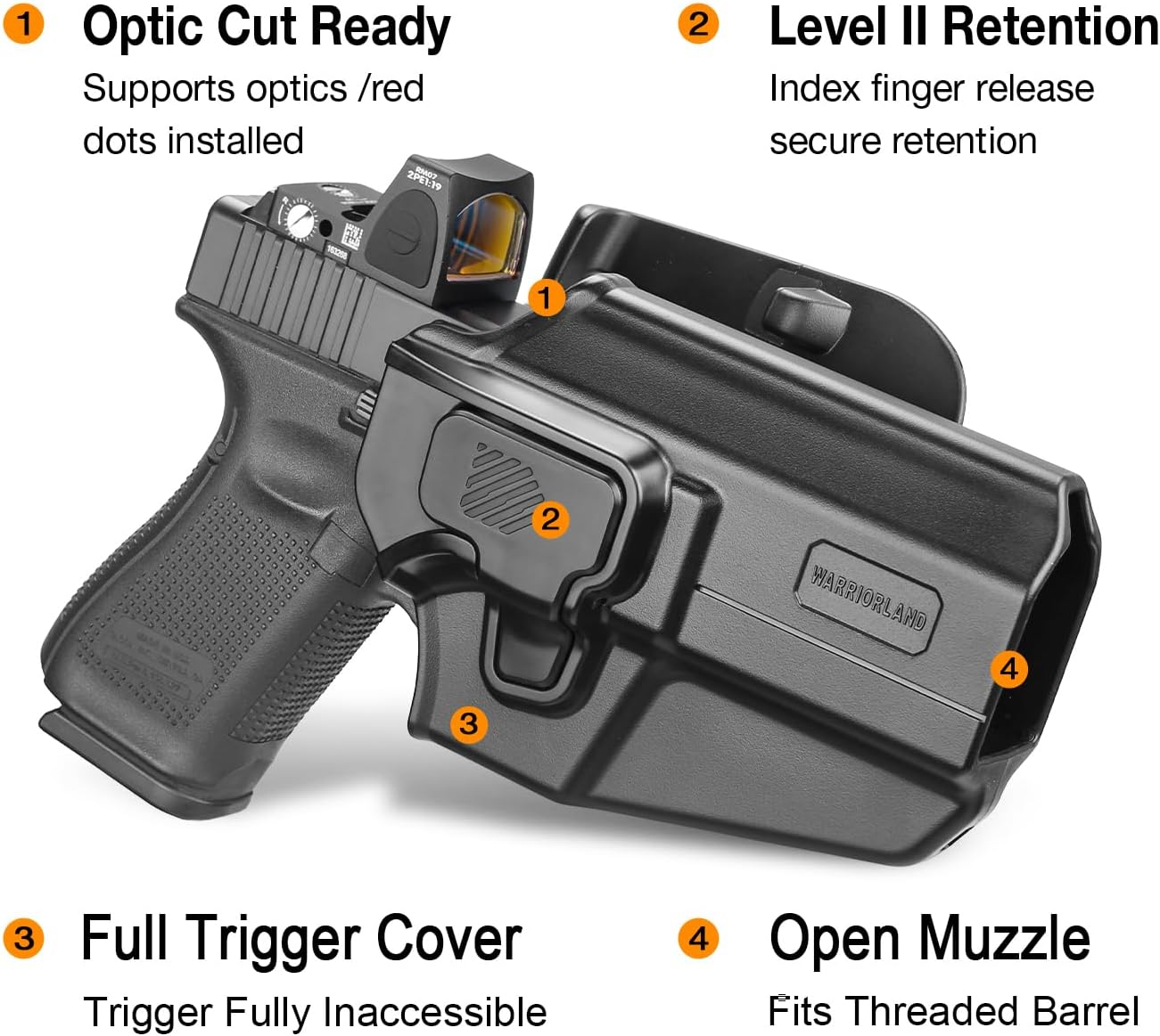 WARRIORLAND Universal OWB Gun Holster w/Optic Cut Ready – Fits Most Popular Compact to Full Size Handguns with 4”–5.3” Barrel – Level II Retention, 360° Adjustable Paddle for 1.5-2.0