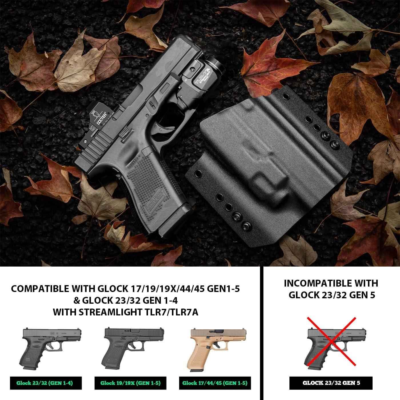 Glock 17/19 TLR7/TLR7A Holster OWB Kydex Holster Optic Cut Fit: Glock 17 G19 G44 G45 GEN 1-5 G23 G32 Gen 3-4 w/TLR-7 TLR-7A, Outside Waistband Carry Holster, Right Hand | Warriorland