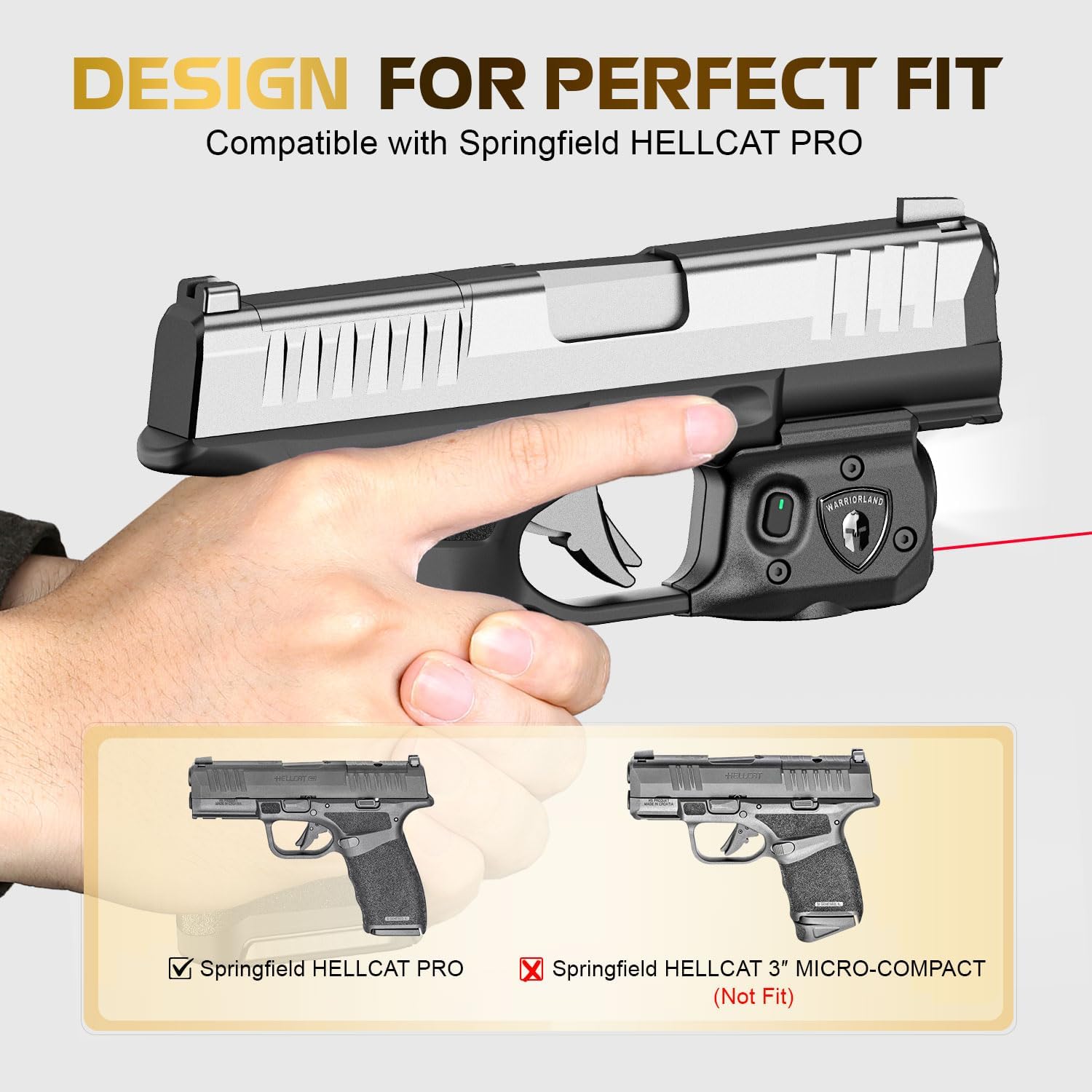 WARRIORLAND SLL-110 Pistol Light Laser – Fits Springfield Hellcat Pro | 150-Lumen Trigger Mounted Tactical Light with Red Laser, White LED, Power Indicator & 3 Modes (Strobe/Constant/Laser Only) - WARRIORLAND