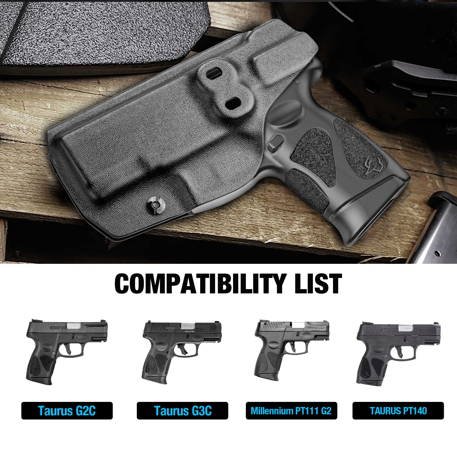 Warriorland Kydex IWB Holster, Compatible with Taurus G2C Taurus G3C Taurus G3C TORO Taurus G3 Taurus PT111 Millennium G2 Taurus PT140 Millennium G2 Pistol, Adj. Cant & Retention, Right Hand - WARRIORLAND