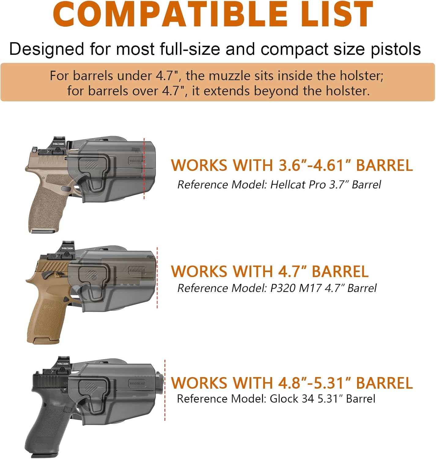 WARRIORLAND Universal OWB Gun Holster w/Optic Cut Ready – Fits Most Popular Compact to Full Size Handguns with 4”–5.3” Barrel – Level II Retention, 360° Adjustable Paddle for 1.5-2.0" Belt, Right Hand - WARRIORLAND