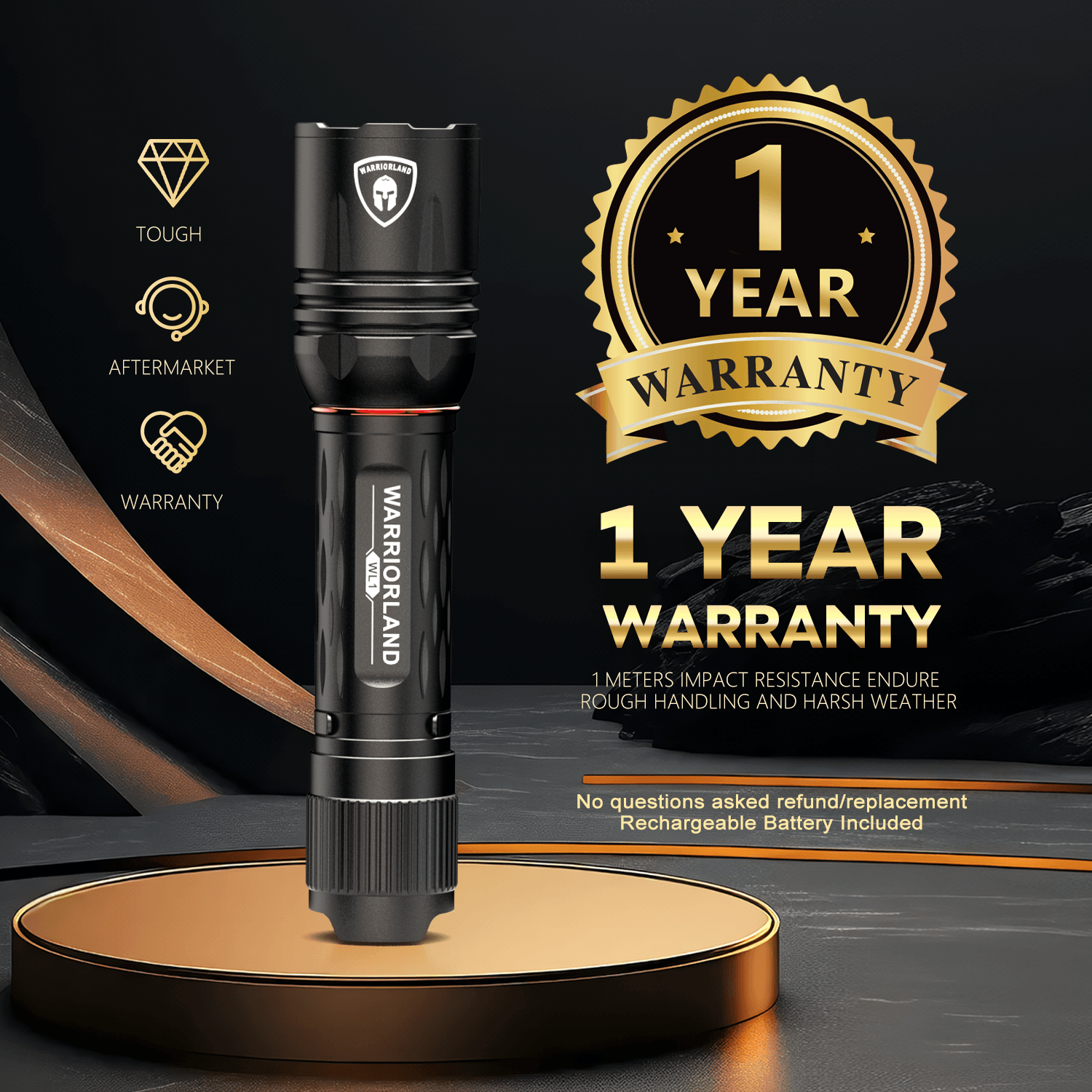 1600 Lumen Tactical Flashlight, Compact Handheld Flashlight with Max Beam Distance 473 Meters, IP68, EDC Flashlight with Rechargeable Battery, Outdoor, Camping and Emergency|WARRIORLAND - WARRIORLAND