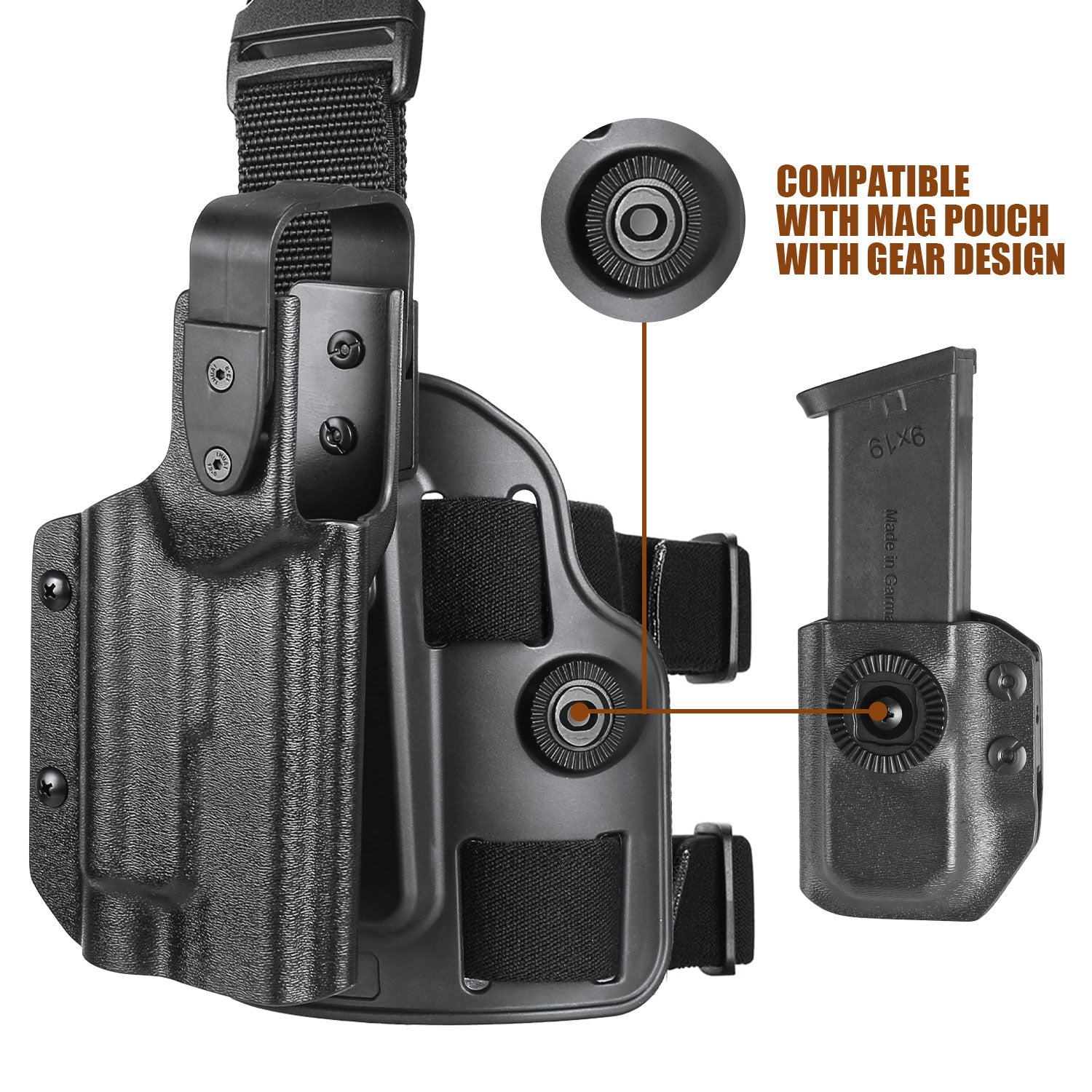 WARRIORLAND Drop Leg Platform for Glock 17/19 (Gen3-5), Glock 22/23/31/32 (Gen3-4), Glock 19X/44/45 w/TLR-1- Level 2 Holster + Mag Holes - Adjustable (No Mag Pouches) Red dot compatible - WARRIORLAND