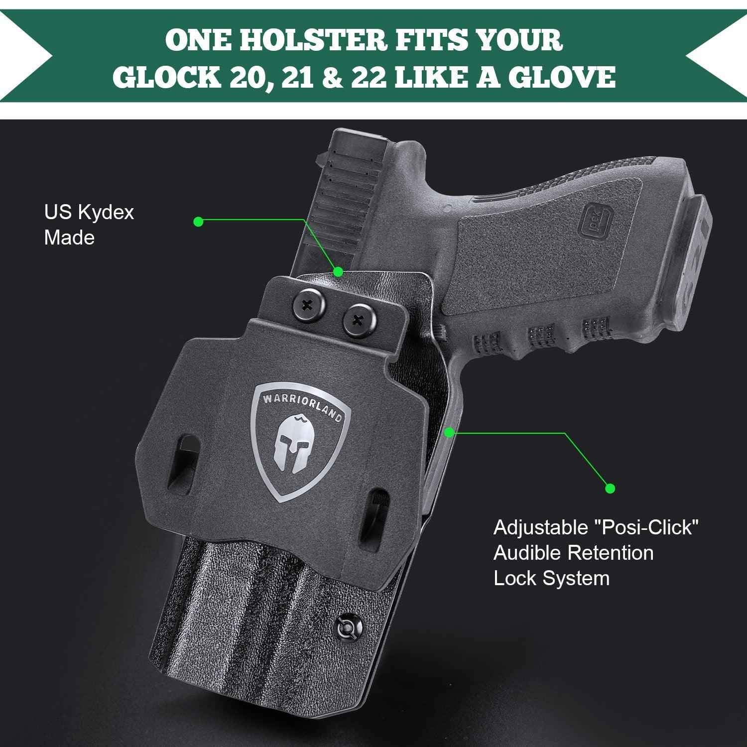Glock 20 21 22 Holster OWB Kydex Holster Optics Cut: Glock 21 / Glock 20 (Gen 3 4 5) & Glock 22 Gen 5, Outside Waistband Open Carry G21 Holster with 1.75 Inch Paddle, Adj. Retention & Cant, Right|WARRIORLAND