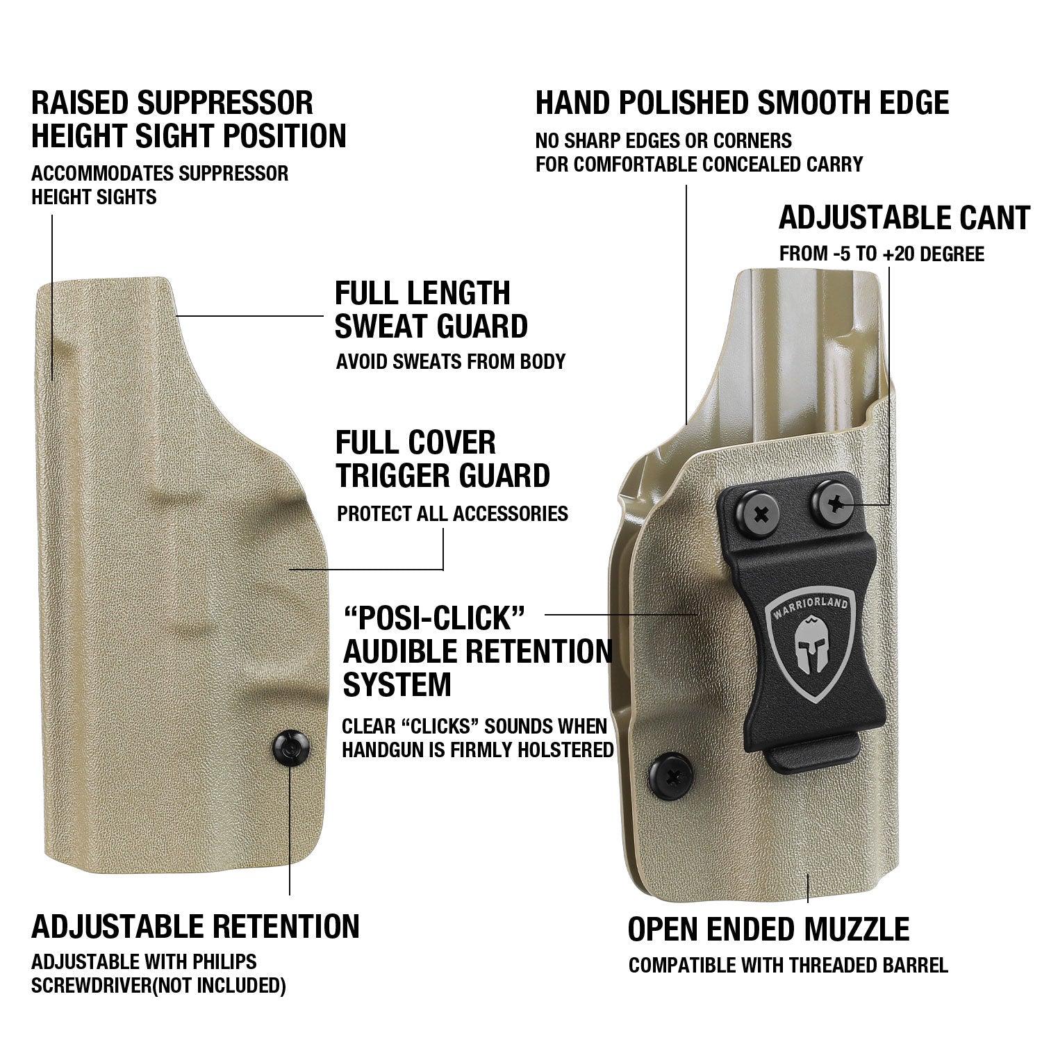 G43 / G43X & G43X MOS Holster, IWB Tan Color Kydex Holster Compatible with 43 / 43X / 43X MOS Pistol, Inside Waistband Appendix Carry, Adj. Posi-Click Retention & Cant, Right Hand|WARRIORLAND - WARRIORLAND