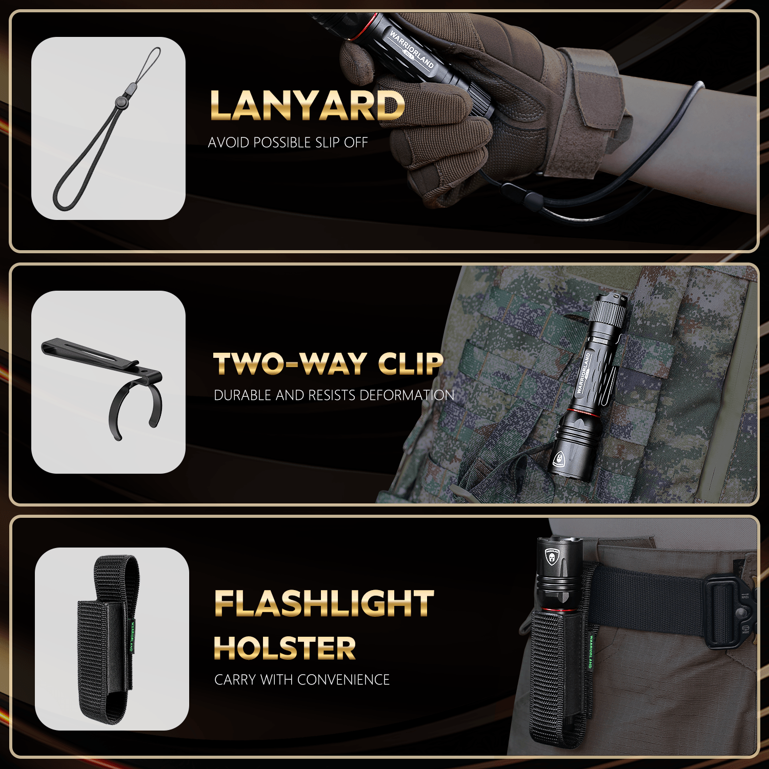 1600 Lumen Tactical Flashlight, Compact Handheld Flashlight with Max Beam Distance 473 Meters, IP68, EDC Flashlight with Rechargeable Battery, Outdoor, Camping and Emergency|WARRIORLAND - WARRIORLAND