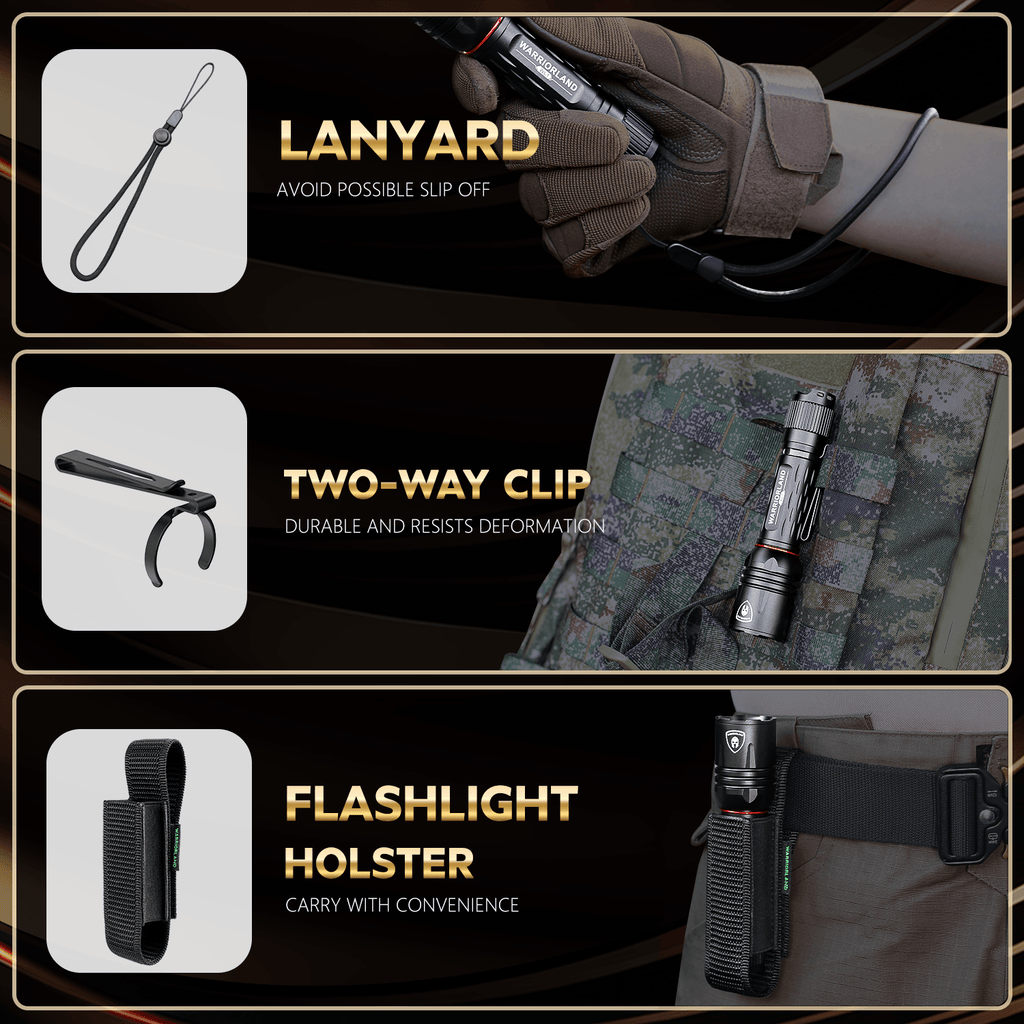 1600 Lumen Tactical Flashlight, Compact Handheld Flashlight with Max Beam Distance 473 Meters, IP68, EDC Flashlight with Rechargeable Battery, Outdoor, Camping and Emergency|WARRIORLAND - WARRIORLAND