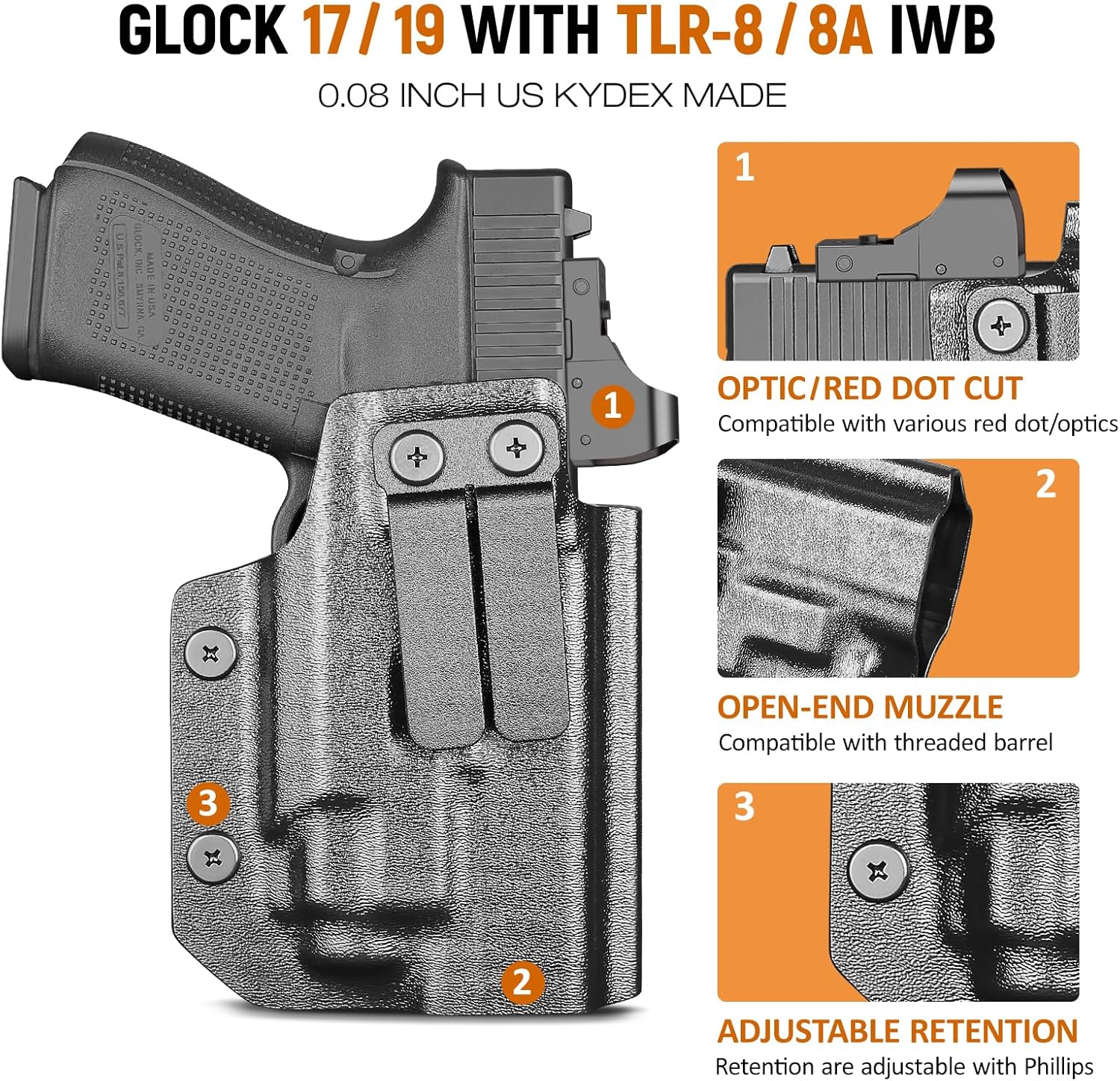 IWB Kydex Holster for Glock 19 with TLR8/ TLR8A, Fit Glock 17/19 Gen 3-5, 23/32 Gen 3-4 & 19X/ 44/45, Inside Waistband Conceal Carry, Optic Cut, Adj. Cant & Retention, Right Hand - WARRIORLAND