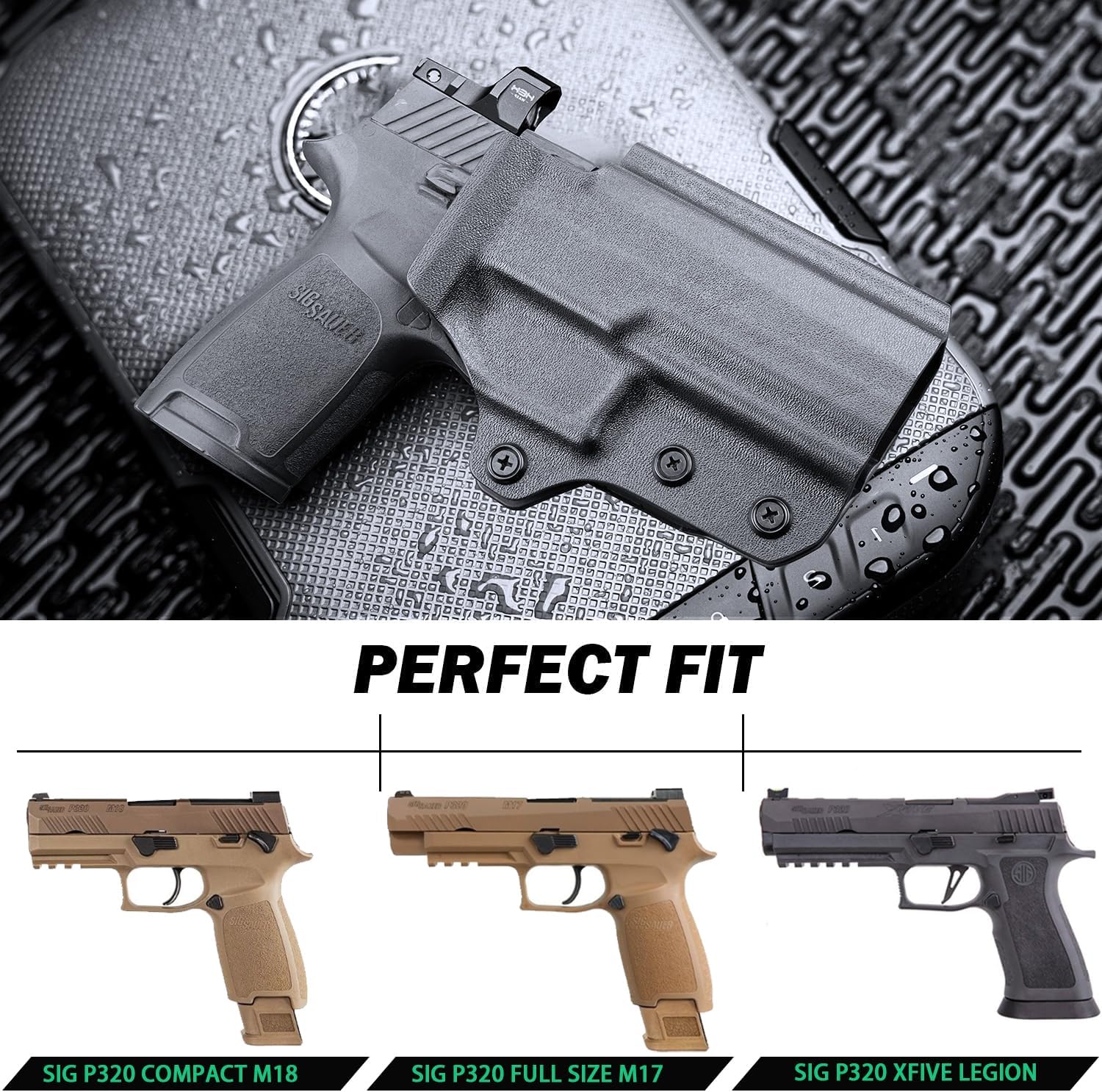 WARRIORLAND OWB KYDEX Holster Thumb Release & Optics Cut Fit: Sig P320 Compact M18 / P320 Full Size M17 / P320-XFIVE Legion, Outside Waistband 360 Degree Adj. Fits 1.5"-2.25" Belt, Right Hand - WARRIORLAND