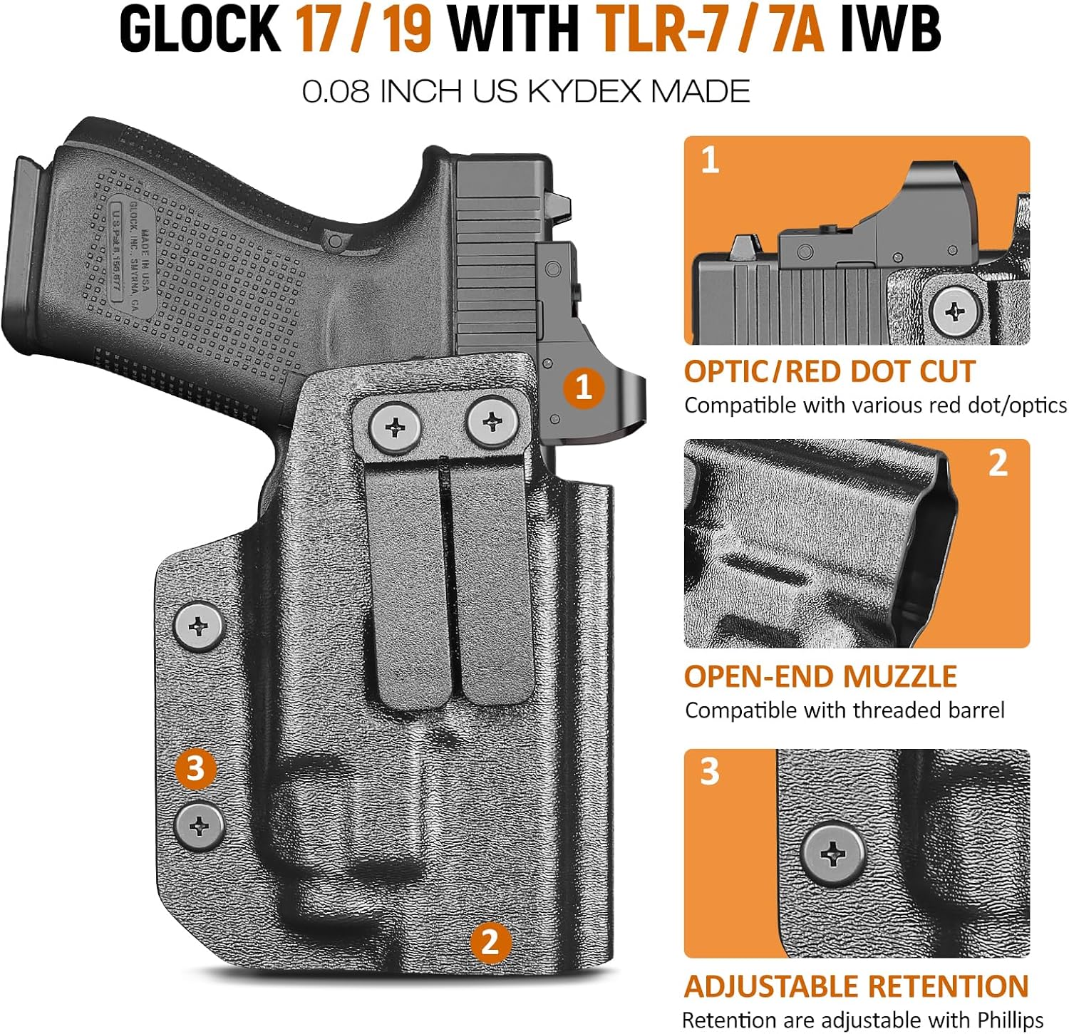 IWB Kydex Holster for Glock 19 with TLR7/ TLR7A, Fit Glock 17/19 Gen 3-5, 23/32 Gen 3-4 & 19X/ 44/45, Inside Waistband Conceal Carry, Optic Cut, Adj. Cant & Retention, Right Hand - WARRIORLAND