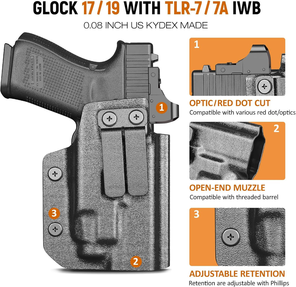 IWB Kydex Holster for Glock 19 with TLR7/ TLR7A, Fit Glock 17/19 Gen 3-5, 23/32 Gen 3-4 & 19X/ 44/45, Inside Waistband Conceal Carry, Optic Cut, Adj. Cant & Retention, Right Hand - WARRIORLAND