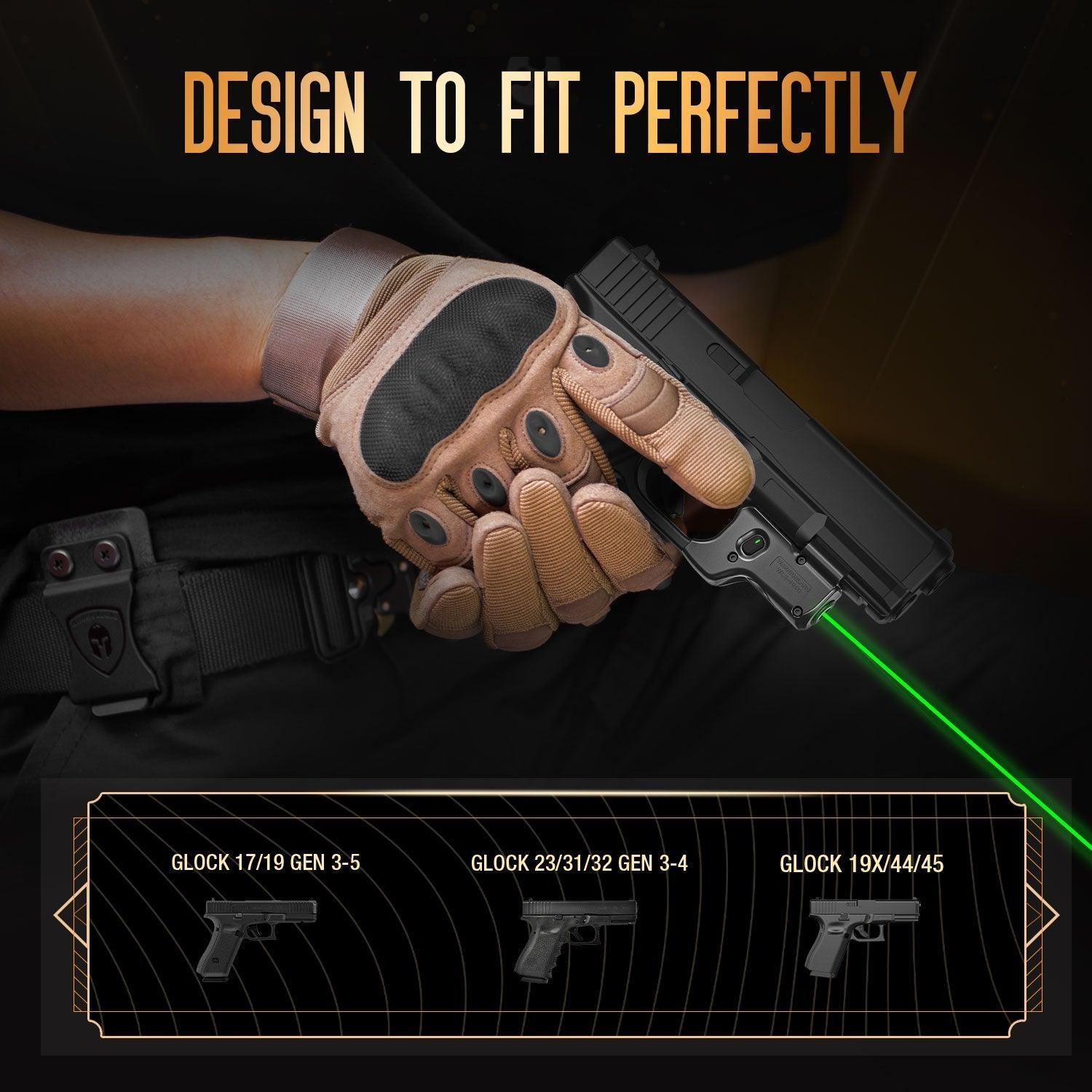 Green Laser Sight WLS-104G and Left Hand Kydex Holster Combo Tailored Fit Glock 17/19/19X/23/31/32/44/45, Ultra Compact G19 Beam Sight, Gun Sight with Ambidextrous On/Off Switch & Power Indicator|WARRIORLAND - WARRIORLAND