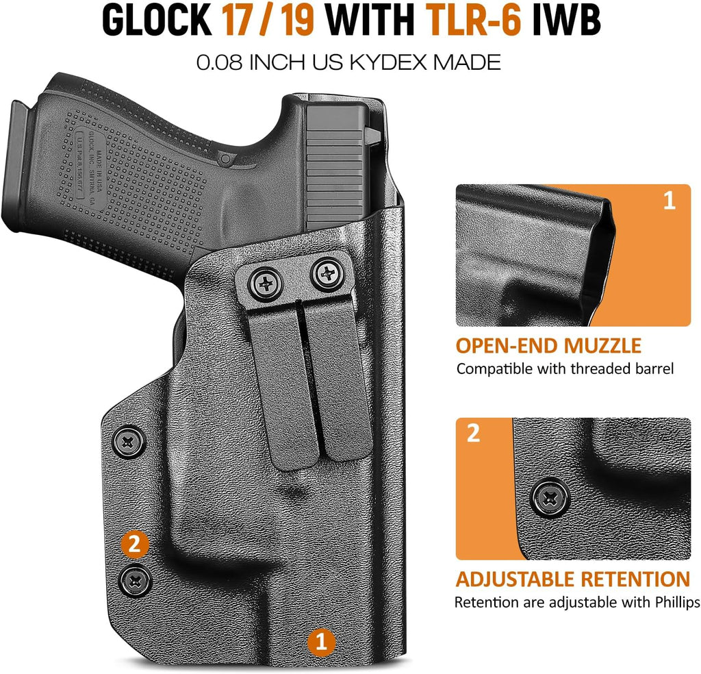 IWB Kydex Holster for Glock 19 with TLR6, Fit Glock 17/19 Gen 3-5, 23/32 Gen 3-4& 19X/ 44/45, Inside Waistband Conceal Carry, Adj. Cant & Retention, Right Hand - WARRIORLAND